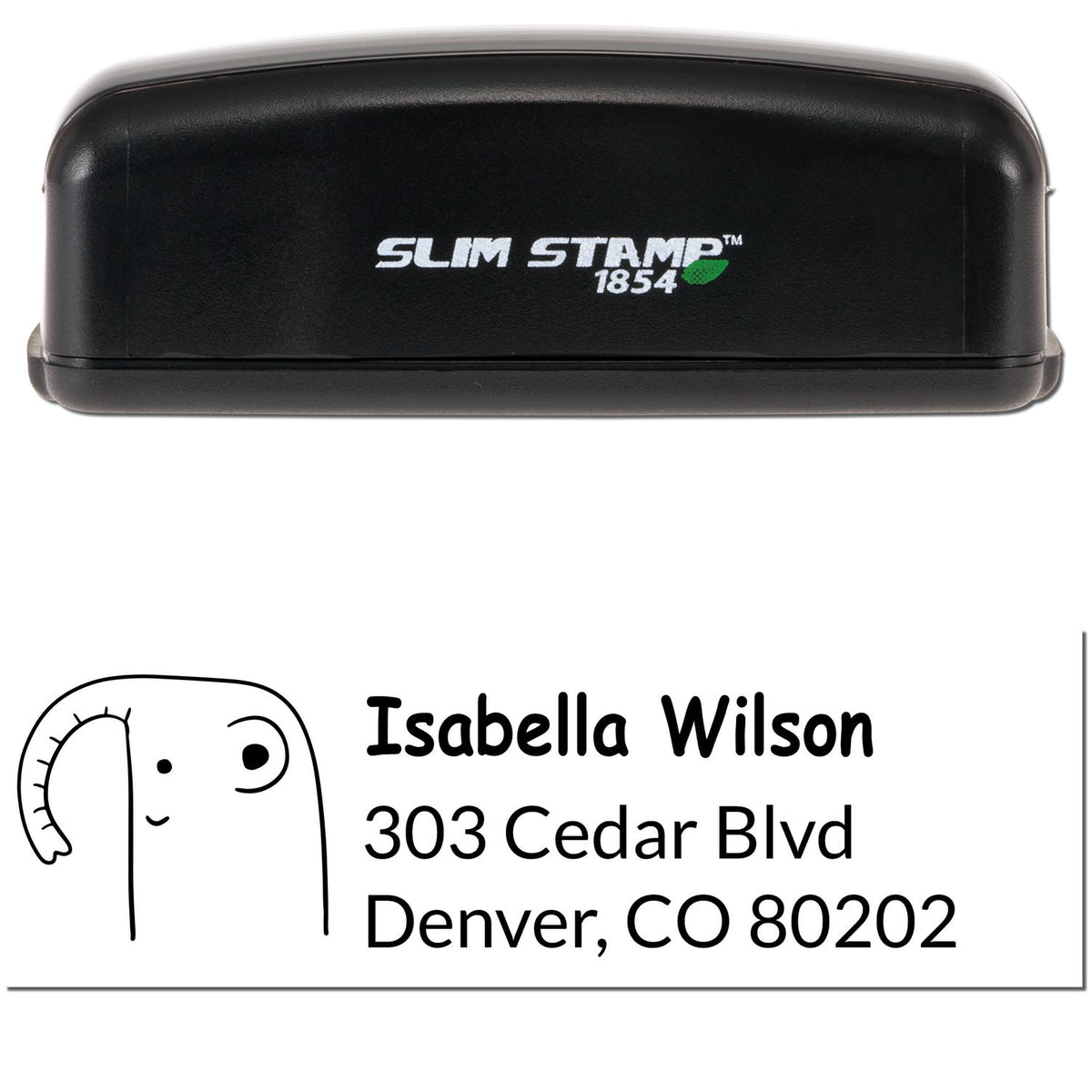Black Slim Pre-Inked Endearing Elephant Custom Name and Address Stamp with Isabella Wilson, 303 Cedar Blvd, Denver, CO 80202 displayed. This Customized Home Stamper features a cute elephant design.