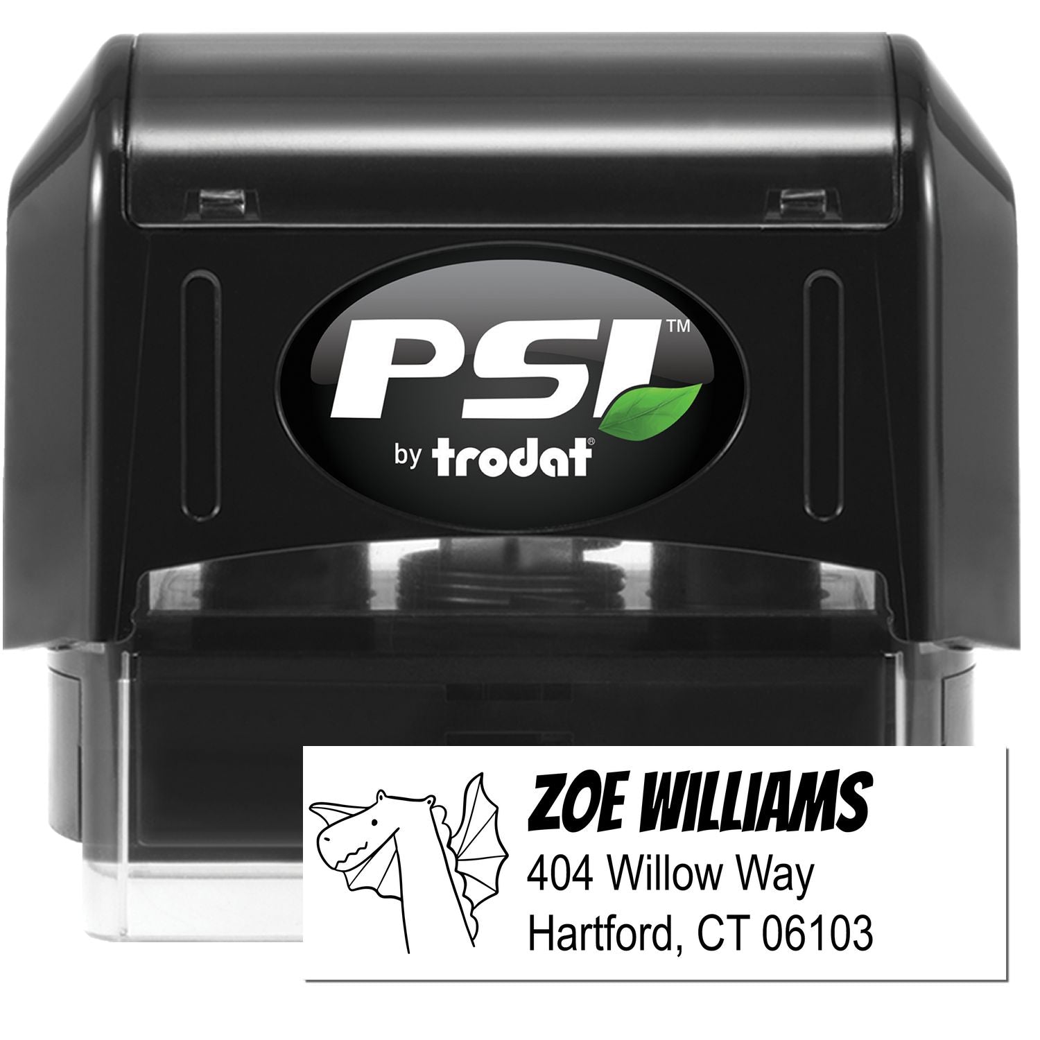 Image of a PSI Dragon Delight Handmade Address Pre-Inked Stamp. The Personalizable Mailing Stamper features a dragon design and customizable address area, shown with the name Zoe Williams and an address in Hartford, CT.