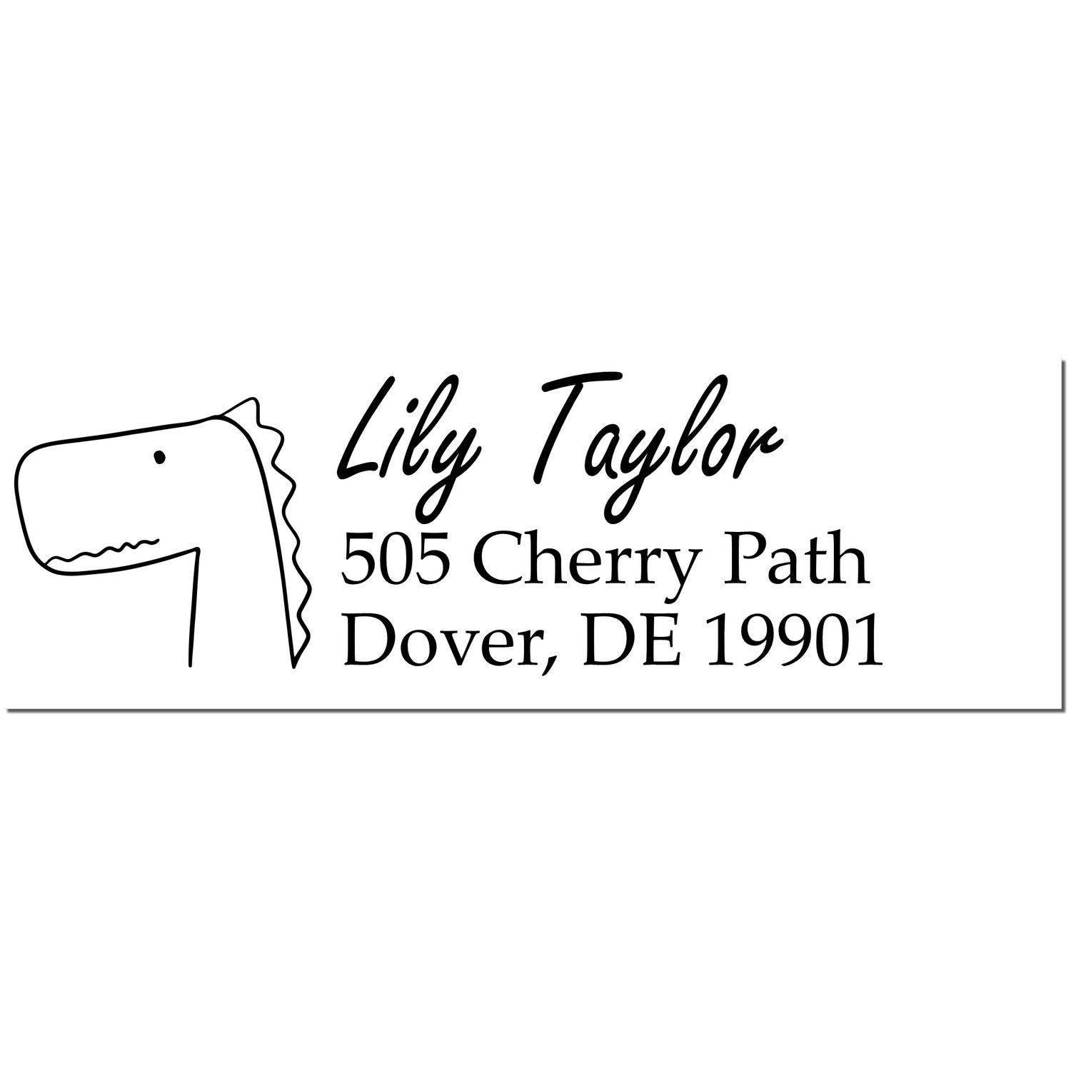 Wood Handle Mirthful Dino Personalized Mailing Address Rubber Stamp featuring a playful dinosaur sketch. Text reads "Lily Taylor, 505 Cherry Path, Dover, DE 19901." Ideal for a Personalized New Address Stamp.