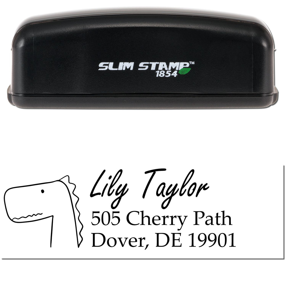 Slim Pre-Inked Mirthful Dino Custom Mail Stamp with a black casing labeled "Slim Stamp 1854." Below, a Customized Home Stamper imprint shows a playful dinosaur sketch and personalized address: Lily Taylor, 505 Cherry Path, Dover, DE 19901.
