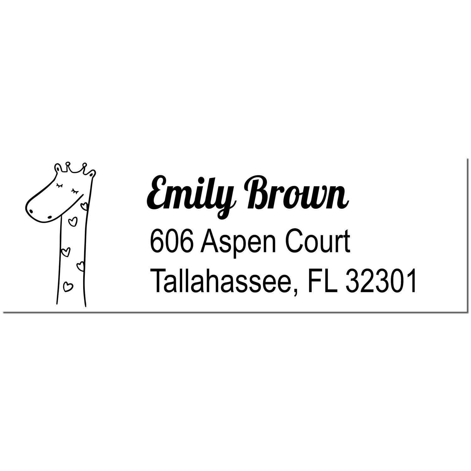 Lovely Giraffe Customize Address Label Self-Inking Stamp featuring a cute giraffe illustration with hearts. Personalized Return Mail Stamp displays the name "Emily Brown" and address "606 Aspen Court, Tallahassee, FL 32301" in a stylish font.