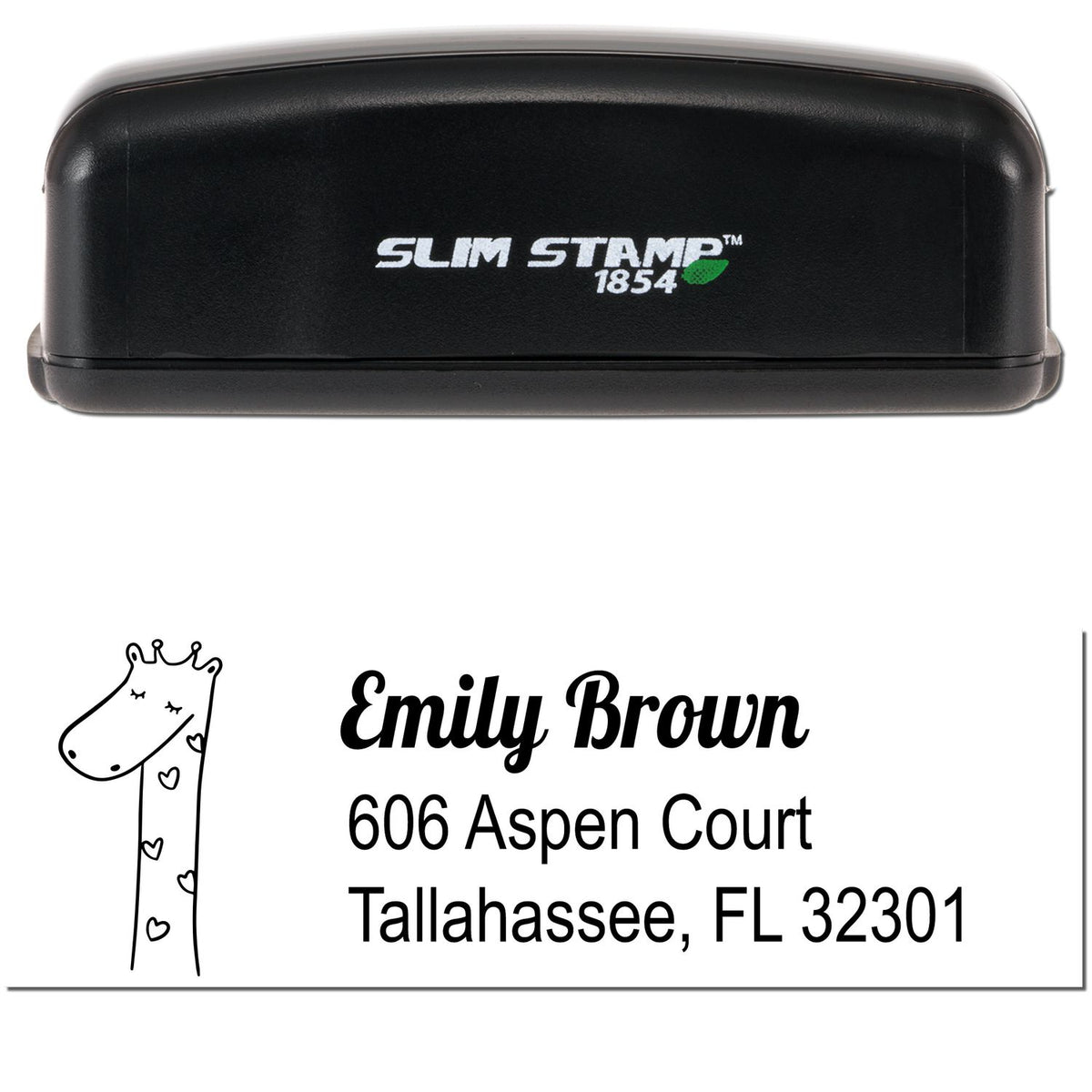 Slim Pre-Inked Lovely Giraffe Custom Home Address Stamp featuring a cute giraffe design. The Customized Address Stamper displays the name Emily Brown and address 606 Aspen Court, Tallahassee, FL 32301, with a sleek black casing.