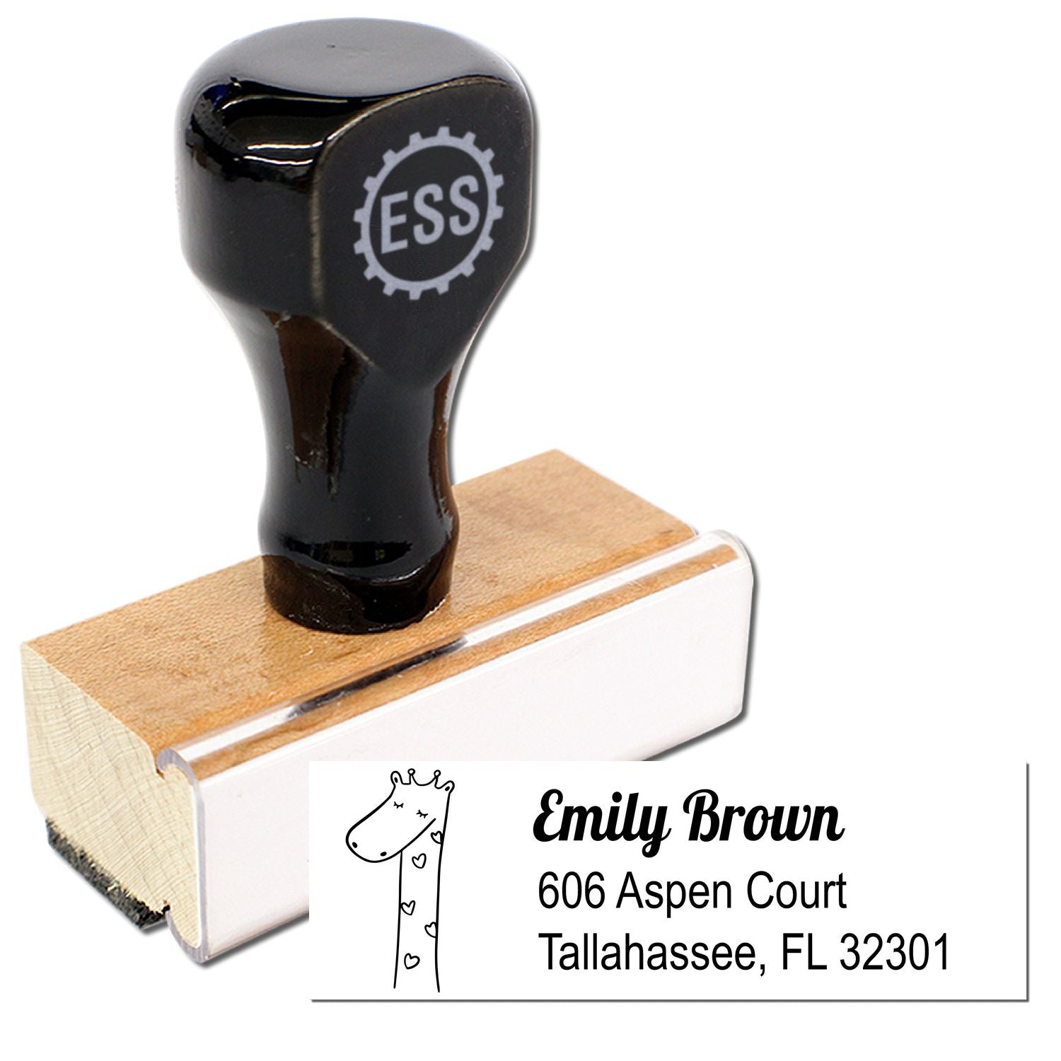 Wood handle lovely giraffe personalized mail address rubber stamp with a custom-made home stamper design. The stamp features a black handle and a wooden base, alongside a sample address with a giraffe illustration.