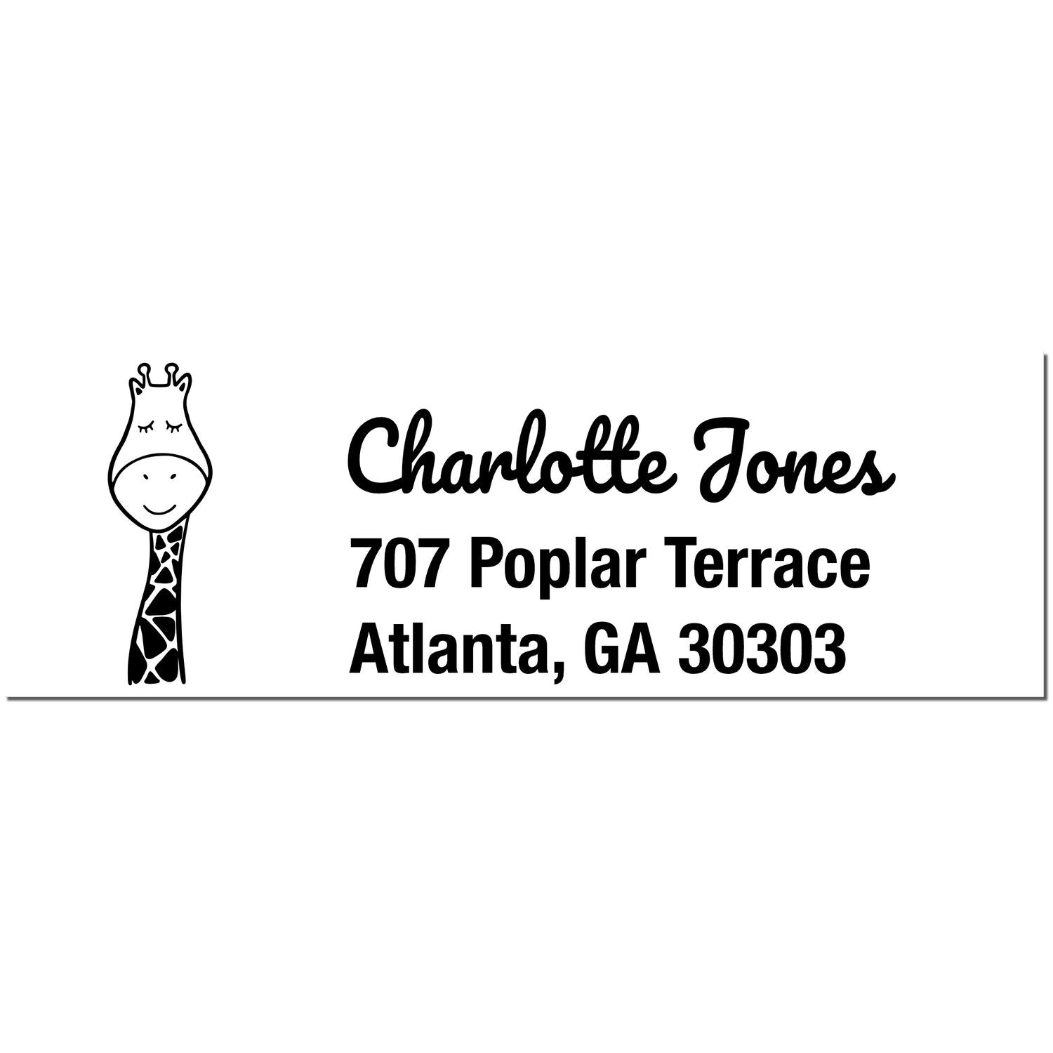 PSI Jolly Giraffe Handmade Mailing Pre-Inked Stamp featuring a cute giraffe illustration on the left. The Customized Home Stamp displays the name "Charlotte Jones" and address "707 Poplar Terrace, Atlanta, GA 30303" in bold, elegant font.