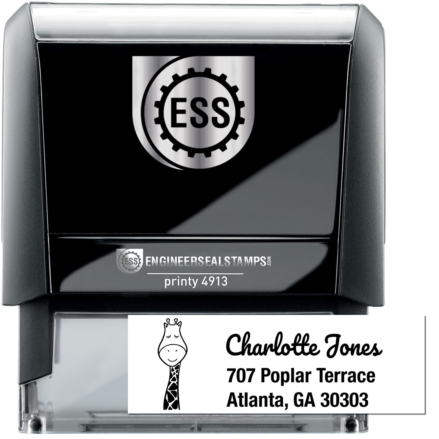 Jolly Giraffe Customizable Address Self-Inking Stamp featuring a cute giraffe design. The Customized Address Stamper displays "Charlotte Jones, 707 Poplar Terrace, Atlanta, GA 30303" on a white card. Black casing with "ESS" logo on top.