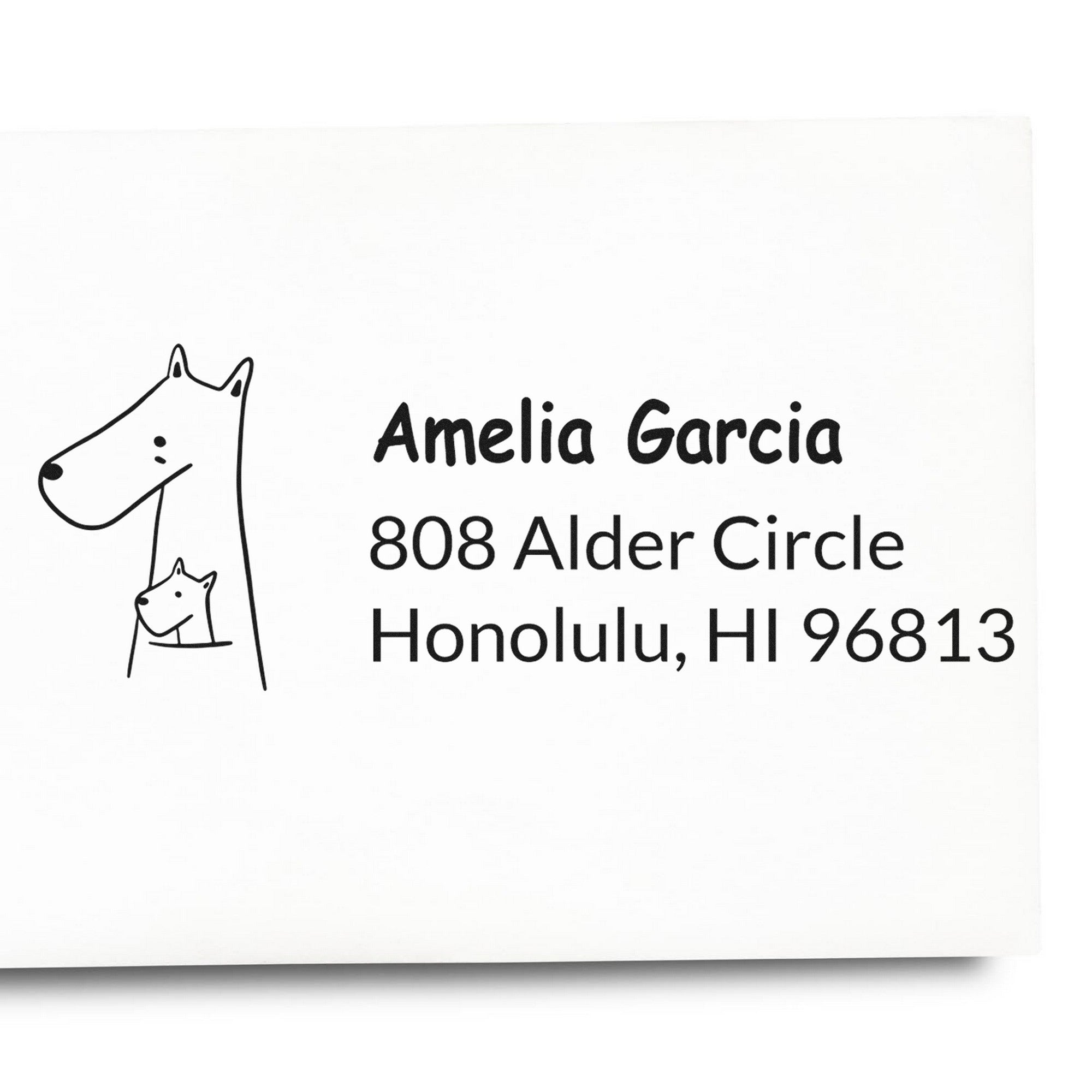 Slim Pre-Inked Snuggly Kangaroos Custom Mailing Address Stamp featuring a kangaroo illustration and the name "Amelia Garcia" with an address. This Custom Mailing Stamper is shown on a white envelope, highlighting its clear, stylish imprint.
