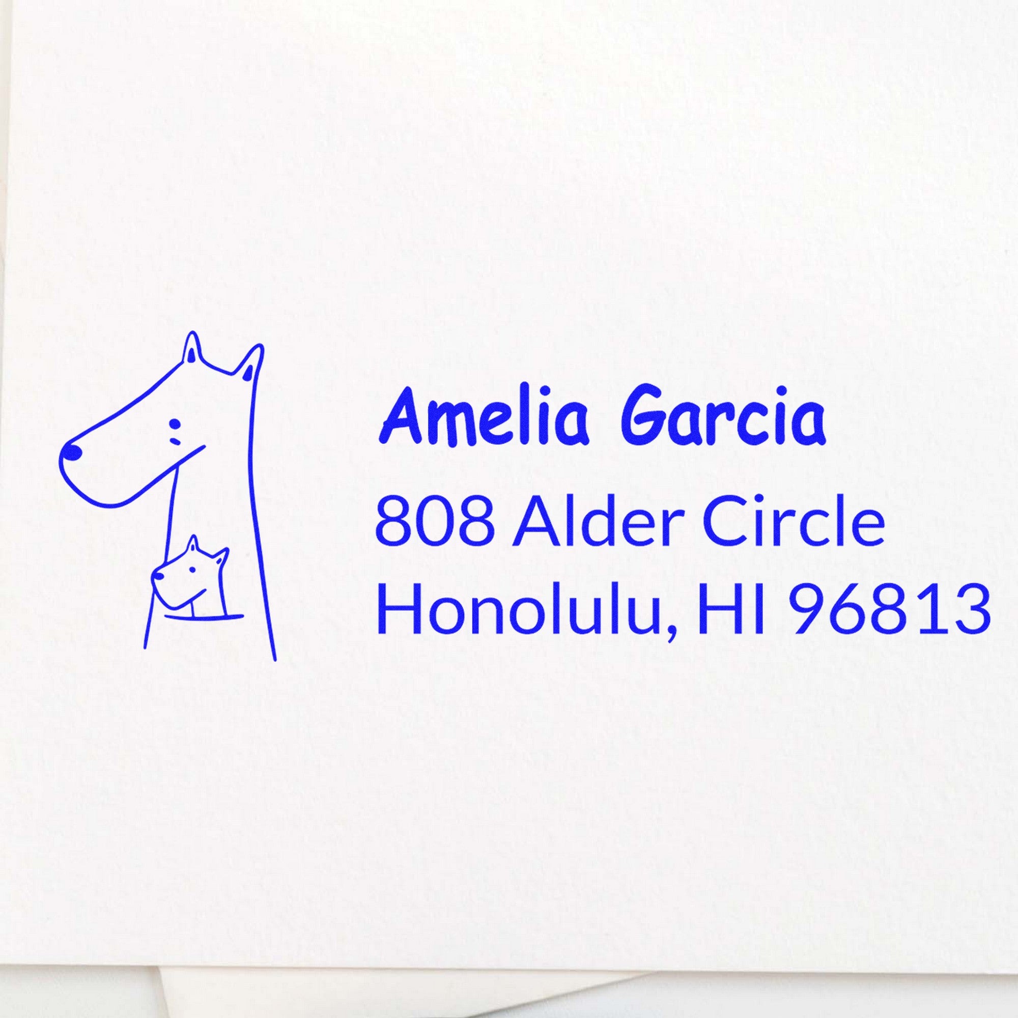 Wood handle snuggly kangaroos personalized home address for envelopes rubber stamp featuring a custom-made mailing stamper design. The stamp displays a kangaroo illustration with the name "Amelia Garcia" and address "808 Alder Circle, Honolulu, HI 96813" in blue ink.
