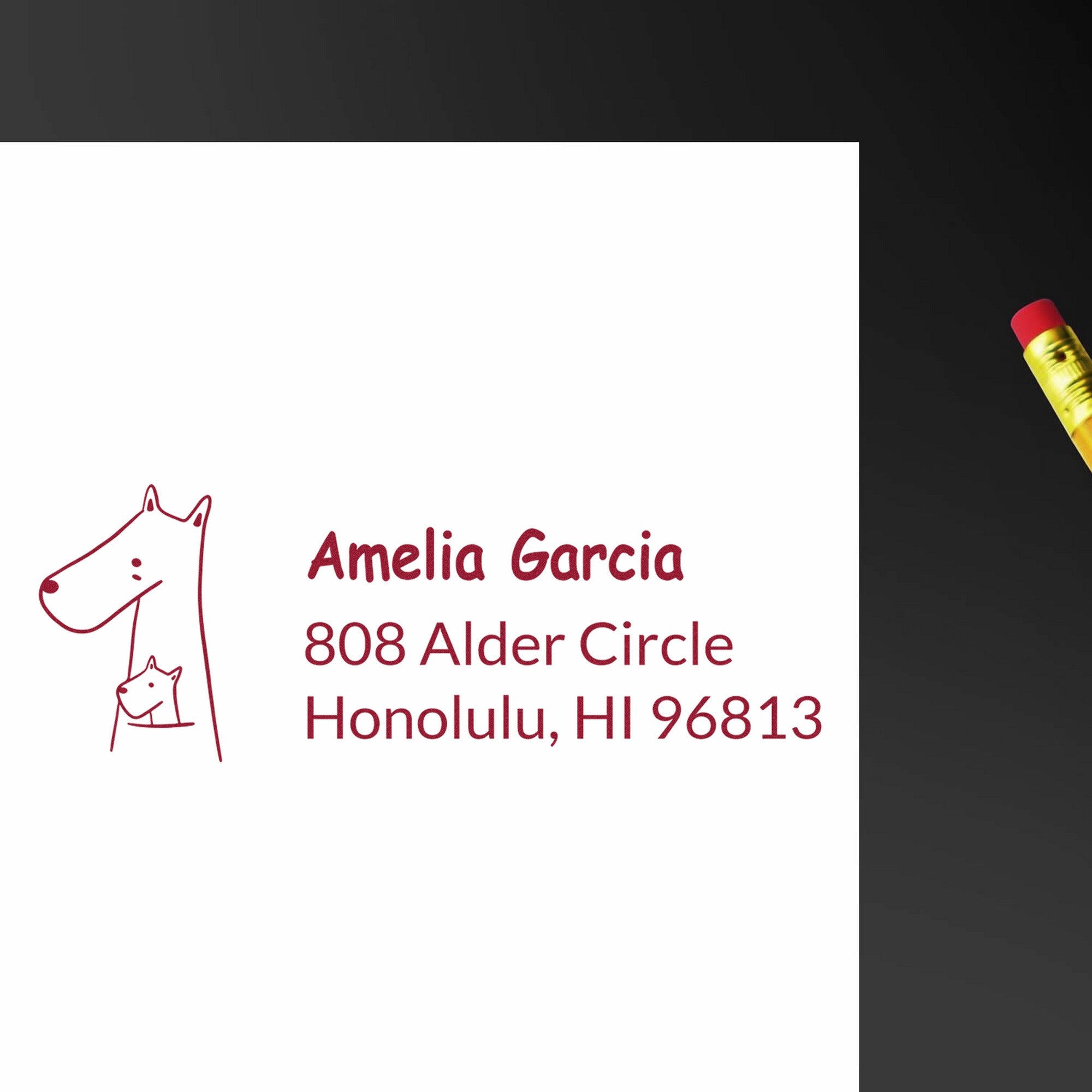 Image of a personalized return mail stamper featuring a PSI Snuggly Kangaroos Handmade Mail Pre-Inked Stamp design. The stamp shows a kangaroo with a joey, alongside the name "Amelia Garcia" and address "808 Alder Circle, Honolulu, HI 96813."
