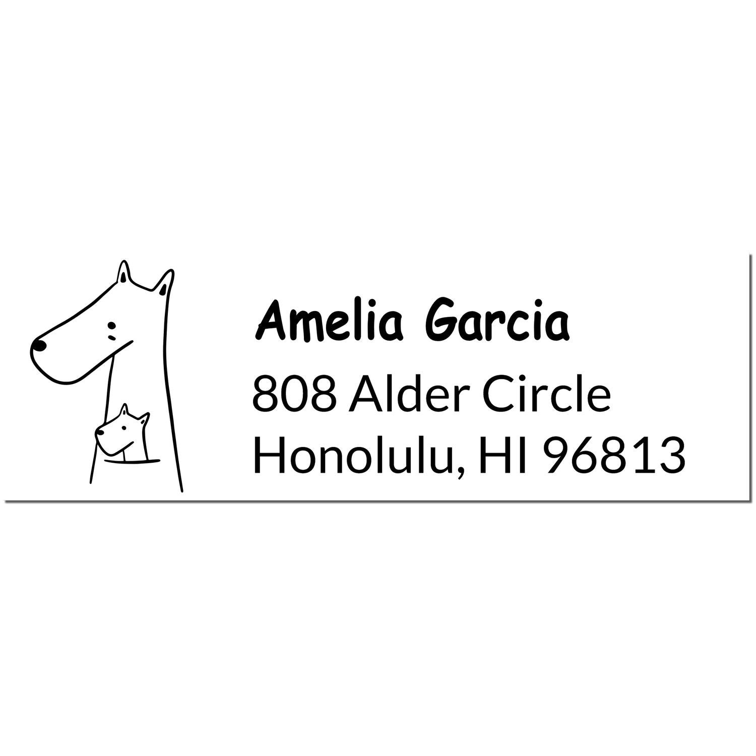 Image of a custom new address stamp featuring a simple illustration of two kangaroos, labeled "PSI Snuggly Kangaroos Handmade Mail Pre-Inked Stamp." The text reads "Amelia Garcia, 808 Alder Circle, Honolulu, HI 96813."