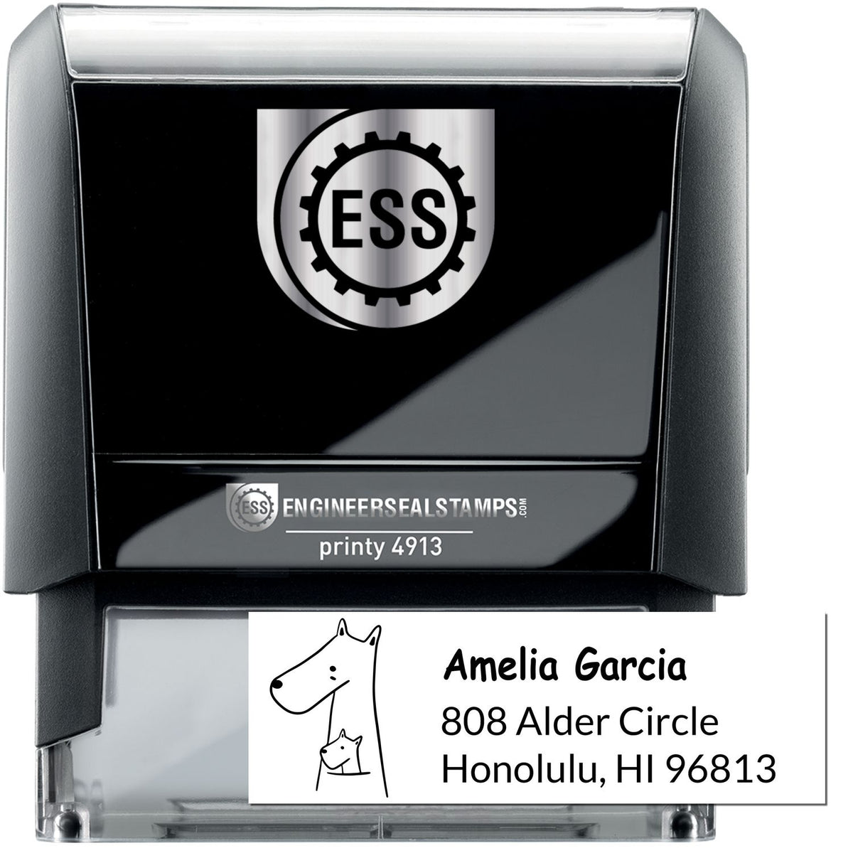Snuggly Kangaroos Customizable Return Address Self-Inking Stamp featuring a kangaroo illustration and custom text. The black self-inking stamp is shown with a sample address, highlighting its use as a custom stamp for personalized mailing needs.