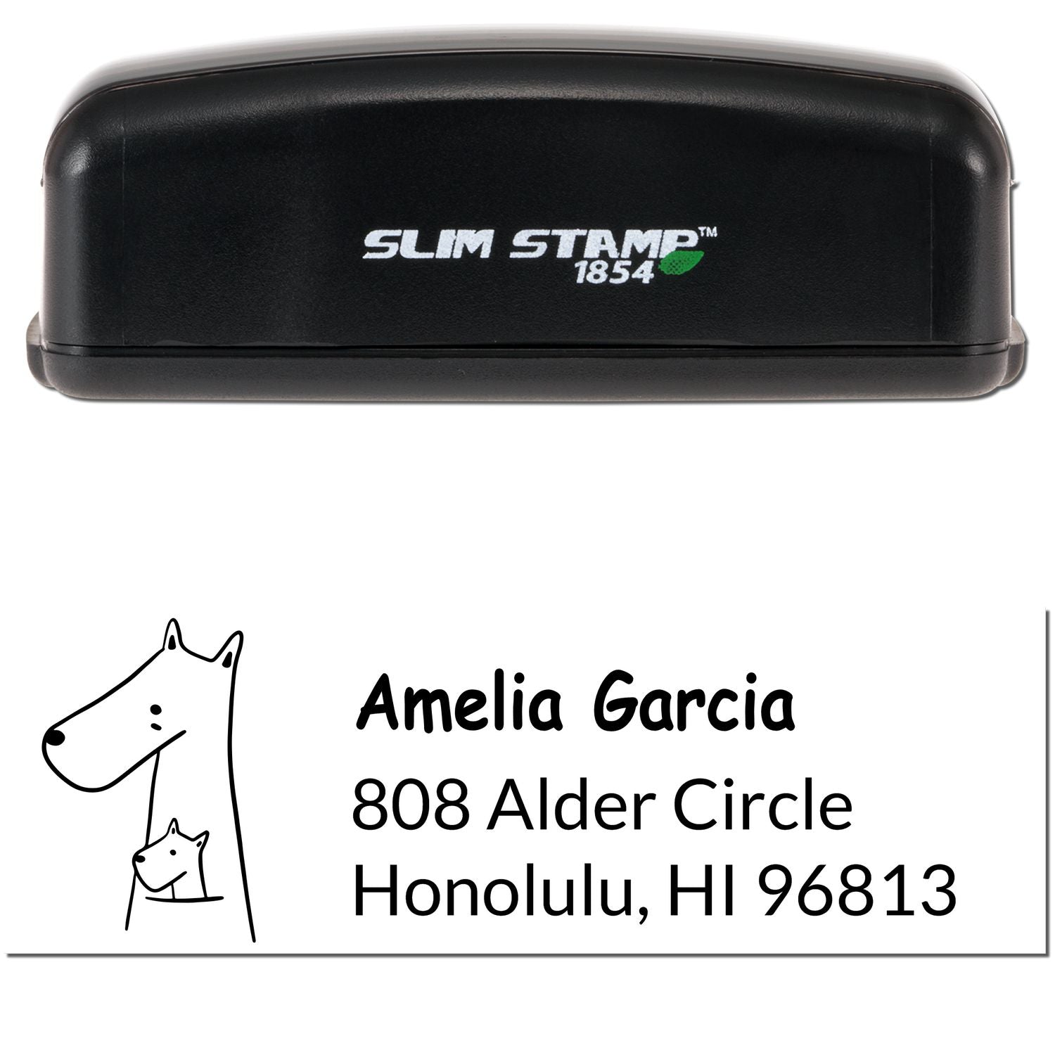 Image of a Slim Pre-Inked Snuggly Kangaroos Custom Mailing Address Stamp. The Custom Address Stamper features a black casing with "Slim Stamp 1854" branding and a sample address with a kangaroo illustration.