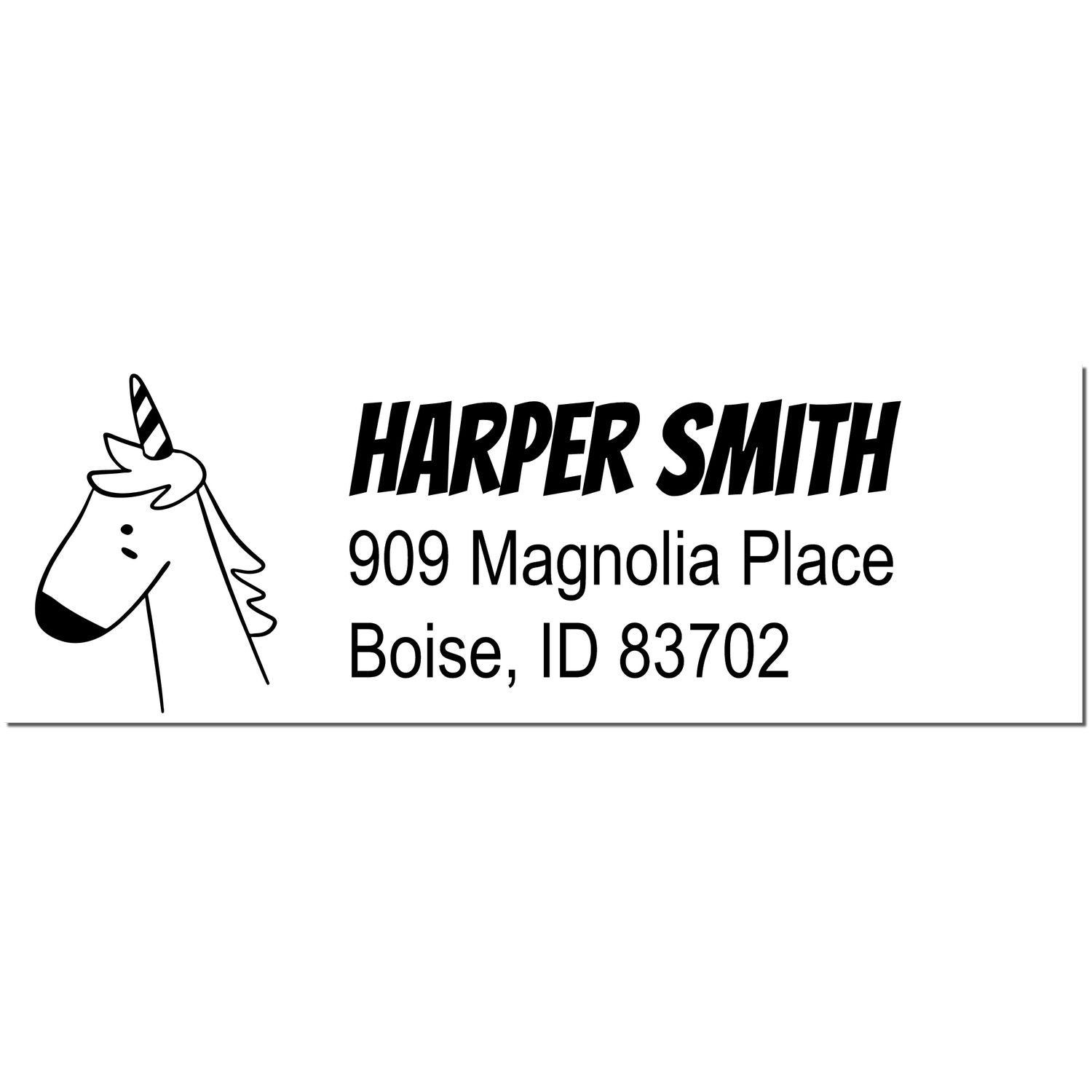 PSI Whimsical Unicorn Handmade Home Address Pre-Inked Stamp featuring a unicorn illustration. Personalizable Mailing Stamper with the name "Harper Smith" and address "909 Magnolia Place, Boise, ID 83702" in bold, playful font.