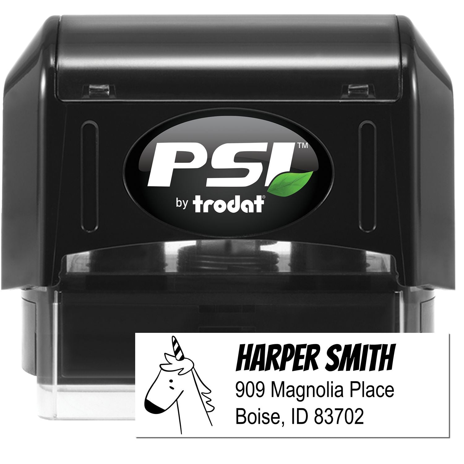 Image of a PSI Whimsical Unicorn Handmade Home Address Pre-Inked Stamp. The stamp features a personalizable address section with a unicorn illustration, displaying the name "Harper Smith" and an address. The design is sleek and modern.