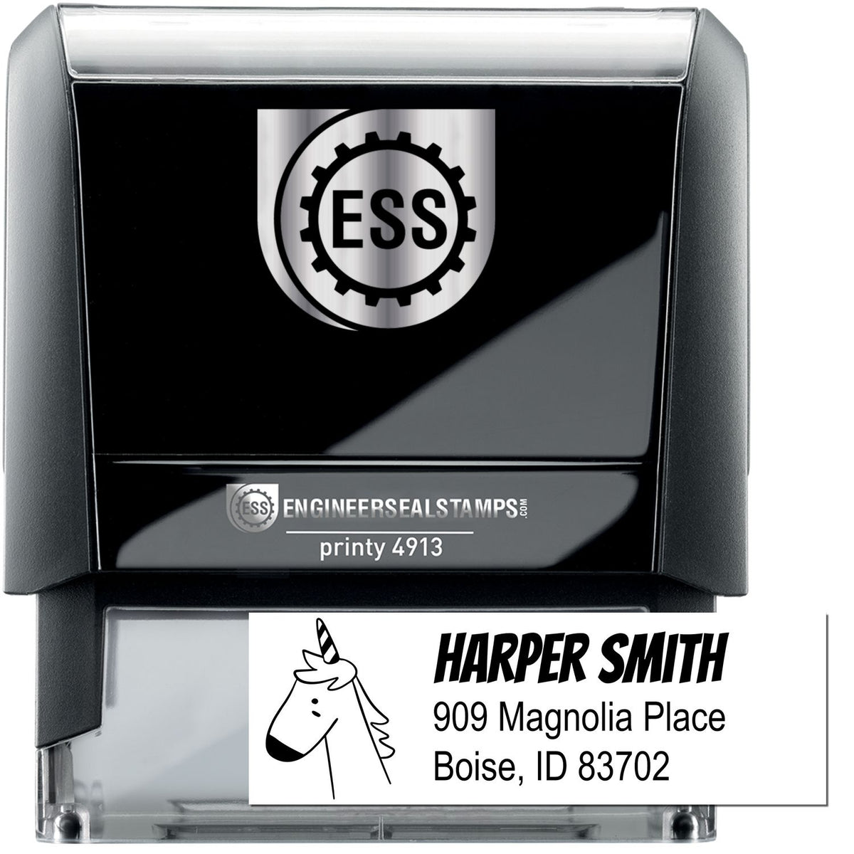 Whimsical Unicorn Customizable Name and Address Self-Inking Stamp featuring a unicorn graphic. The Customizable Mailing Stamper displays "Harper Smith, 909 Magnolia Place, Boise, ID 83702" on a sleek black self-inking design.