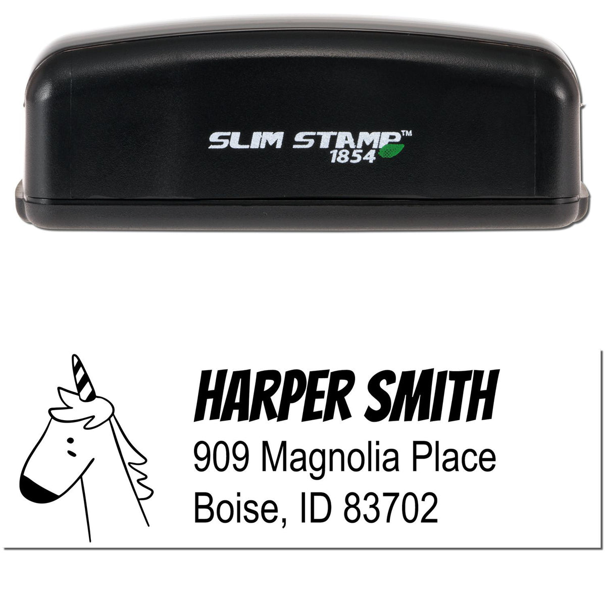 Slim Pre-Inked Whimsical Unicorn Custom Mail Address Stamp featuring a unicorn illustration and the text 'Harper Smith, 909 Magnolia Place, Boise, ID 83702.' This Customized New Address Stamp is shown with a black slim stamp case.