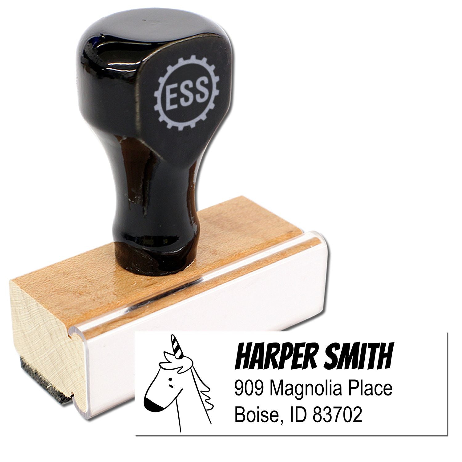 Wood handle whimsical unicorn personalized address label rubber stamp with "ESS" logo. The stamp features a personalized new address stamper design, showcasing a unicorn graphic and custom address details for Harper Smith in Boise, ID.