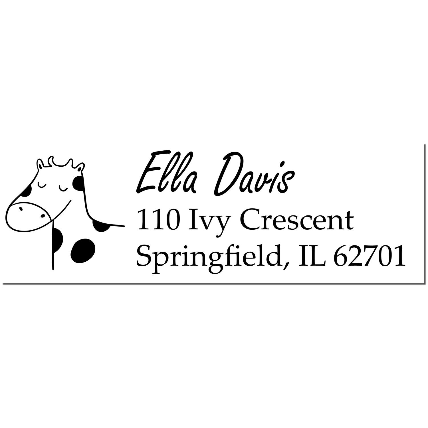 Image of a custom-made address stamp featuring a wood handle. The design includes a grinning giraffe illustration next to the text "Ella Davis, 110 Ivy Crescent, Springfield, IL 62701." The stamp is labeled as a Wood Handle Giraffe Grins Custom Address Rubber Stamp.