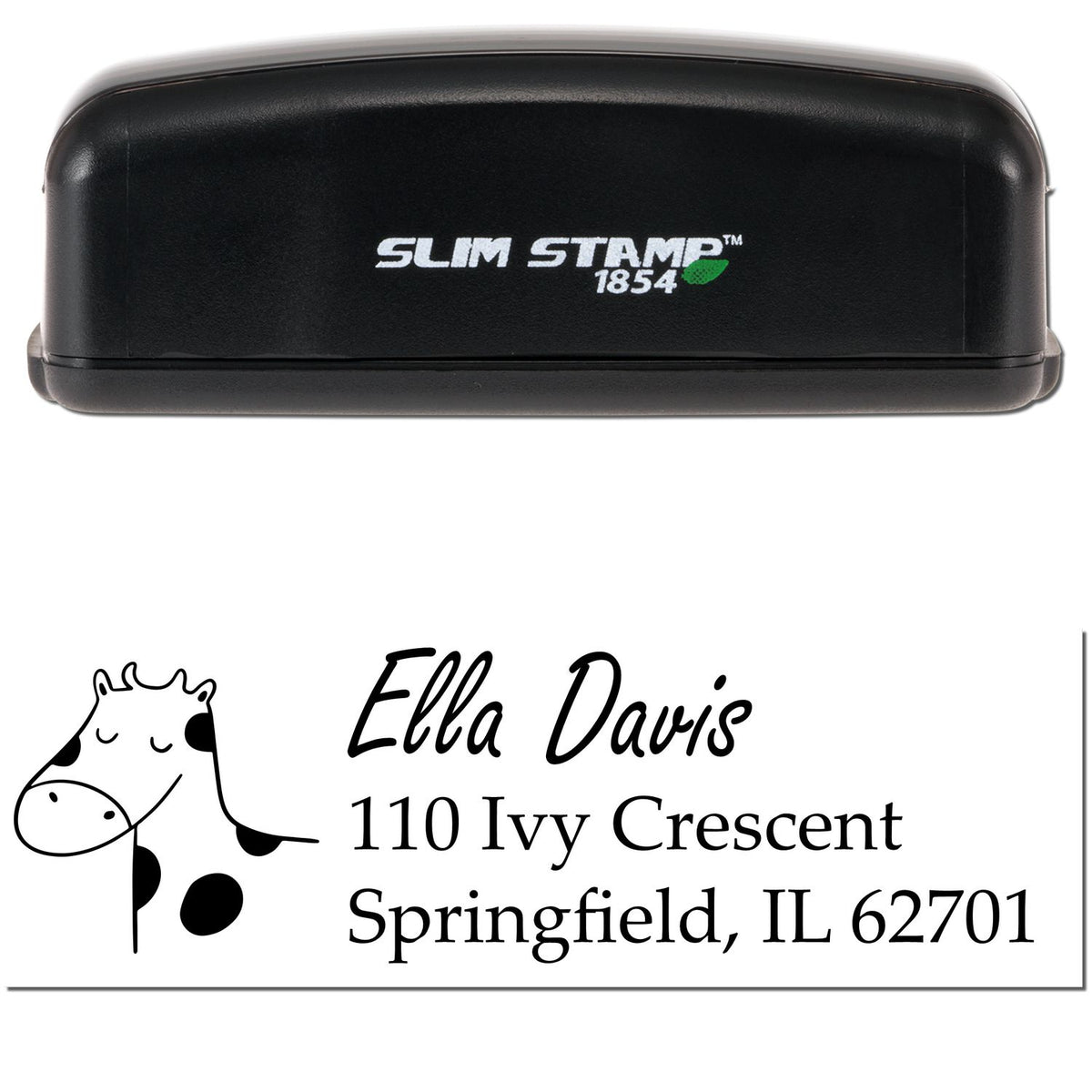 Image of a black Slim Pre-Inked Giraffe Grins Custom New Address Stamp with "Slim Stamp 1854" on top. Below, a Custom Return Mail Stamper design features a giraffe illustration and the address: Ella Davis, 110 Ivy Crescent, Springfield, IL 62701.
