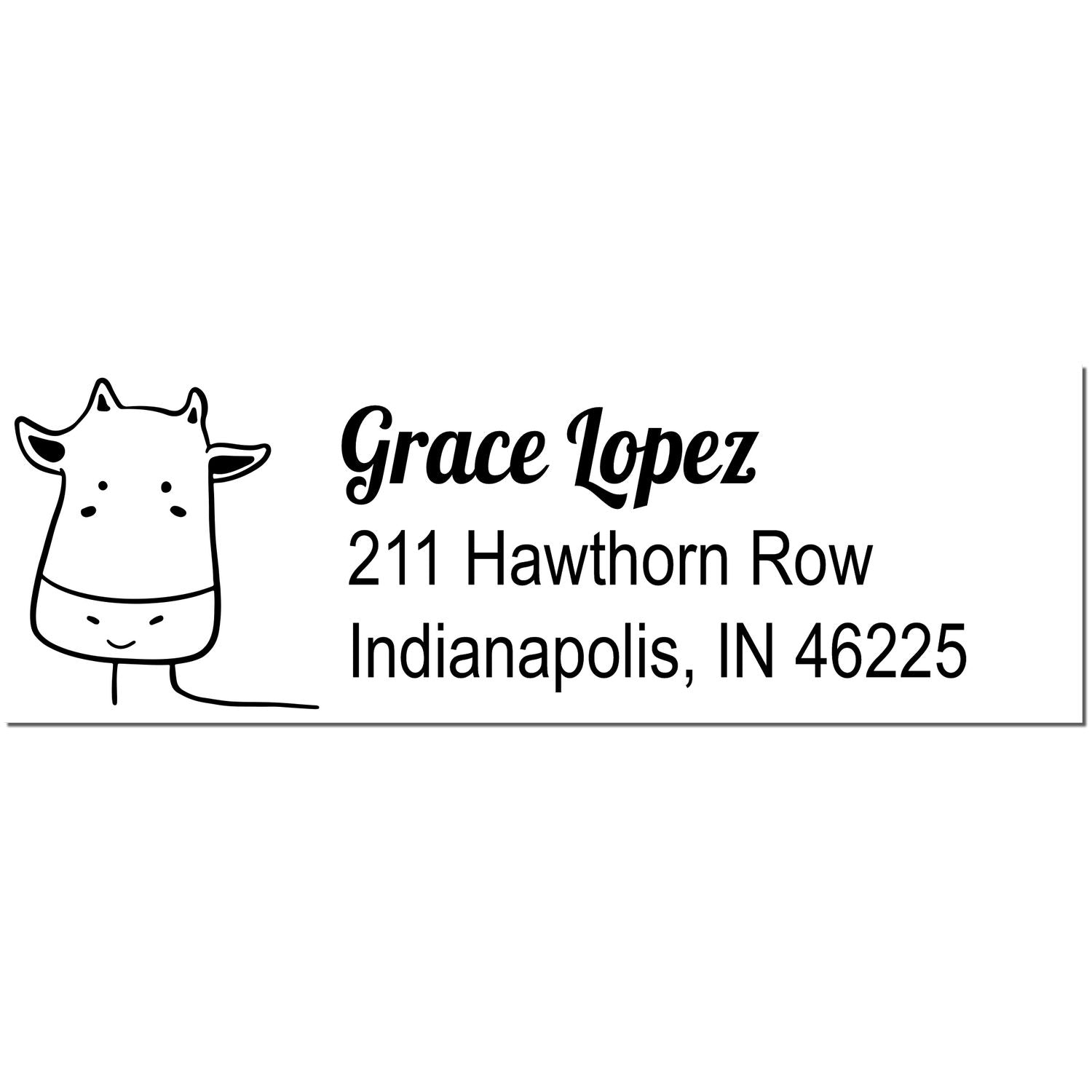 Image of a customizable return mail stamp featuring a cute cow illustration with the text "Grace Lopez, 211 Hawthorn Row, Indianapolis, IN 46225." Keywords: Wood Handle Cow Cuddles Custom Return Address Rubber Stamp, Customizable Return Mail Stamp.