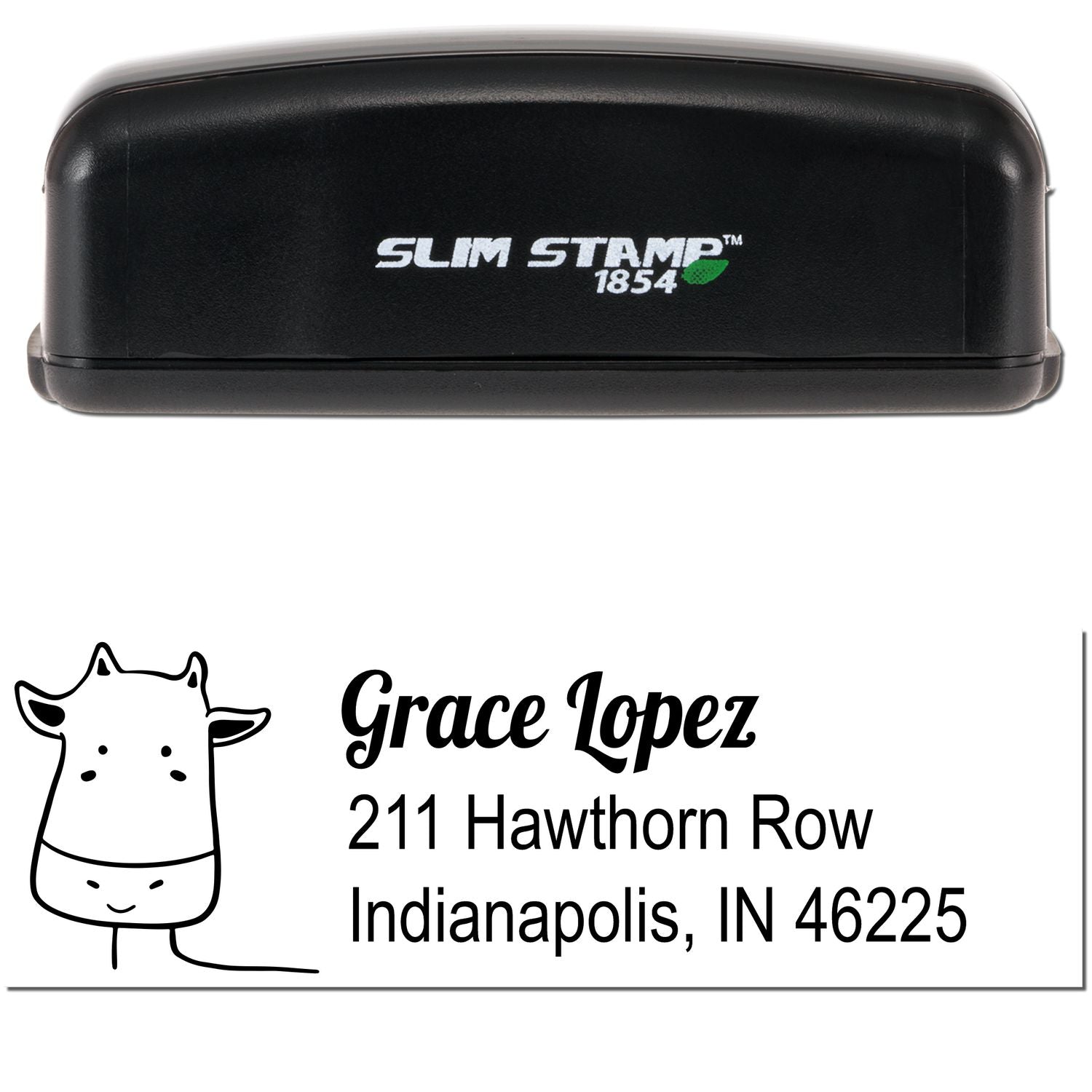 Image of a Slim Pre-Inked Cow Cuddles Custom Home Address For Envelopes Stamp. The black stamper features a cute cow design and customizable mailing details, perfect for personalizing envelopes.