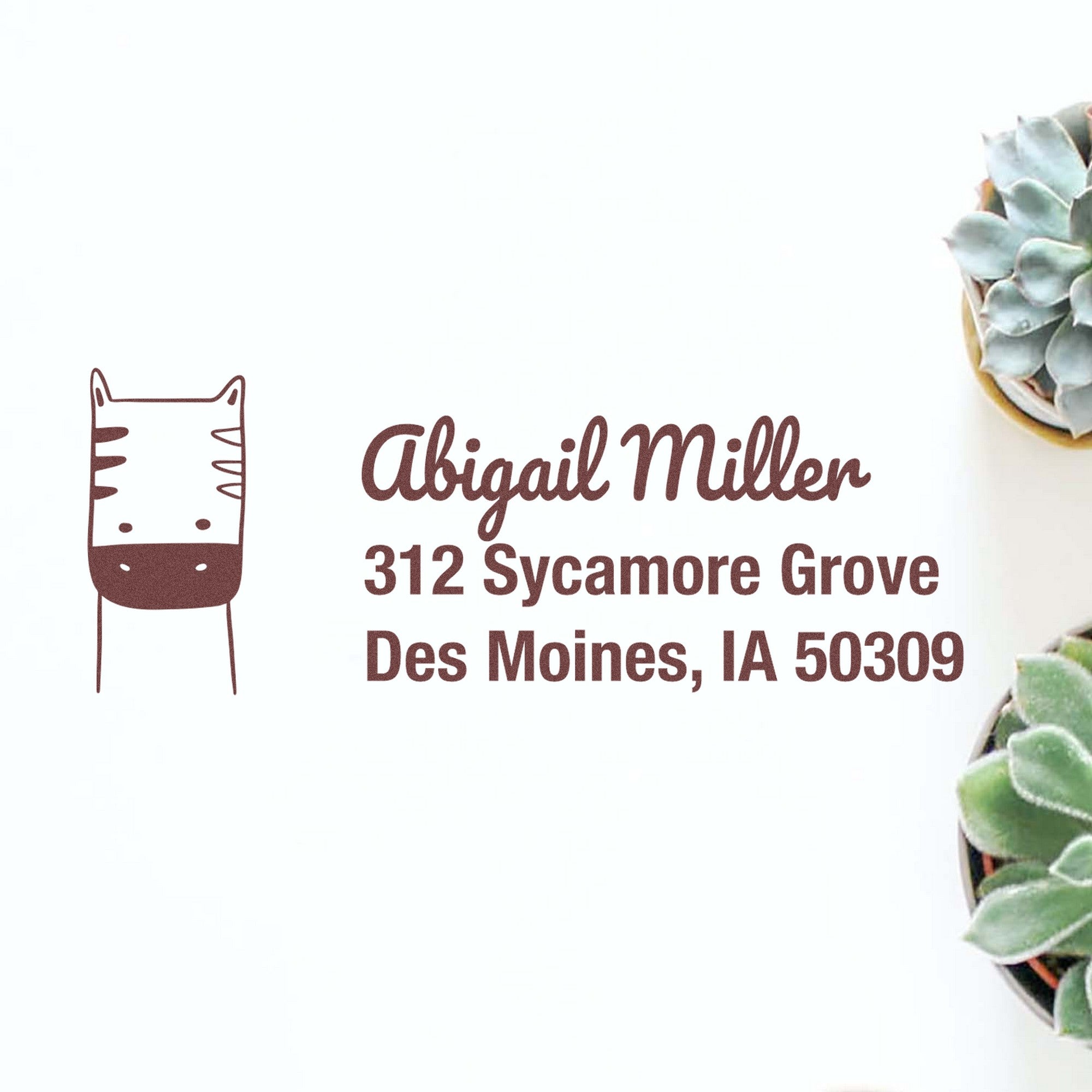 PSI Frolicsome Zebra Handmade Mail Address Pre-Inked Stamp featuring a zebra illustration and custom mailing stamp design with the name "Abigail Miller" and address "312 Sycamore Grove, Des Moines, IA 50309" next to potted succulents.