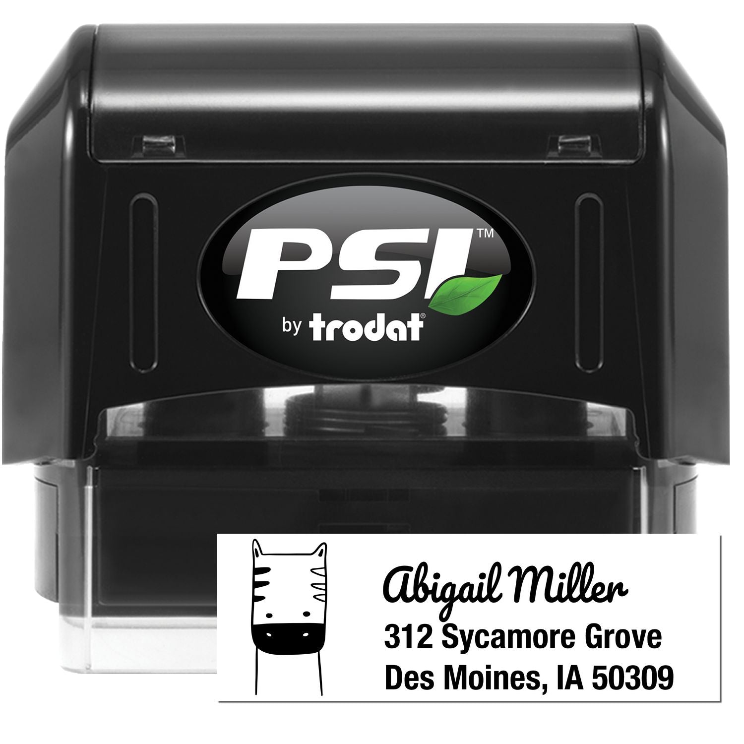 Image of a PSI Frolicsome Zebra Handmade Mail Address Pre-Inked Stamp. The Custom Return Mail Stamper features a playful zebra design and the name "Abigail Miller" with an address in Des Moines, IA. The stamp is black with a clear base.