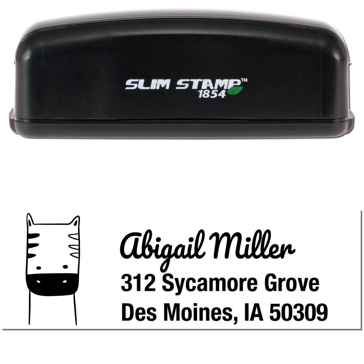 Image of a Slim Pre-Inked Frolicsome Zebra Custom Address Label Stamp. The black stamper features a playful zebra design and personalized text: "Abigail Miller, 312 Sycamore Grove, Des Moines, IA 50309." Ideal for a customized address stamper.