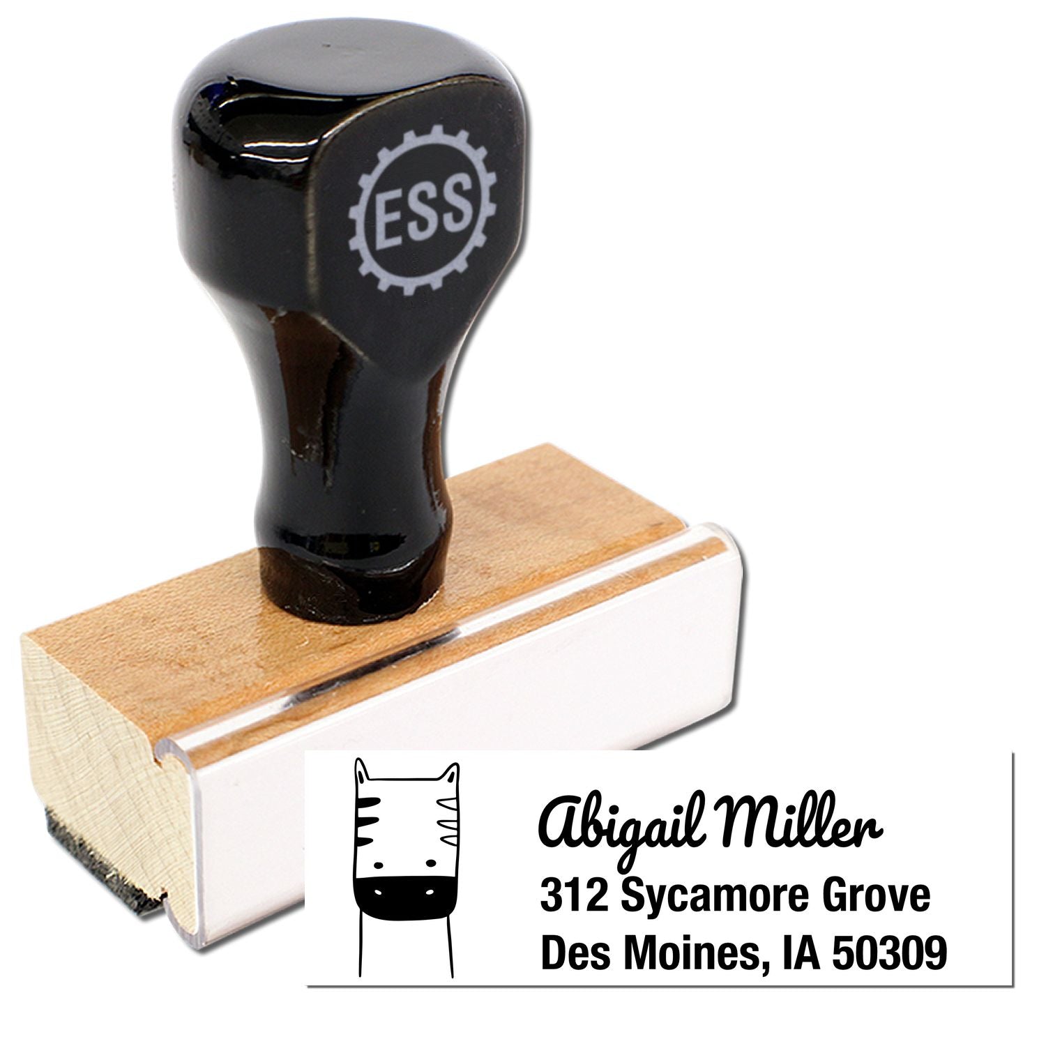 Wood handle rubber stamp featuring a frolicsome zebra design with customizable name and address. The stamp reads "Abigail Miller, 312 Sycamore Grove, Des Moines, IA 50309." Ideal as a customizable mailing stamper.