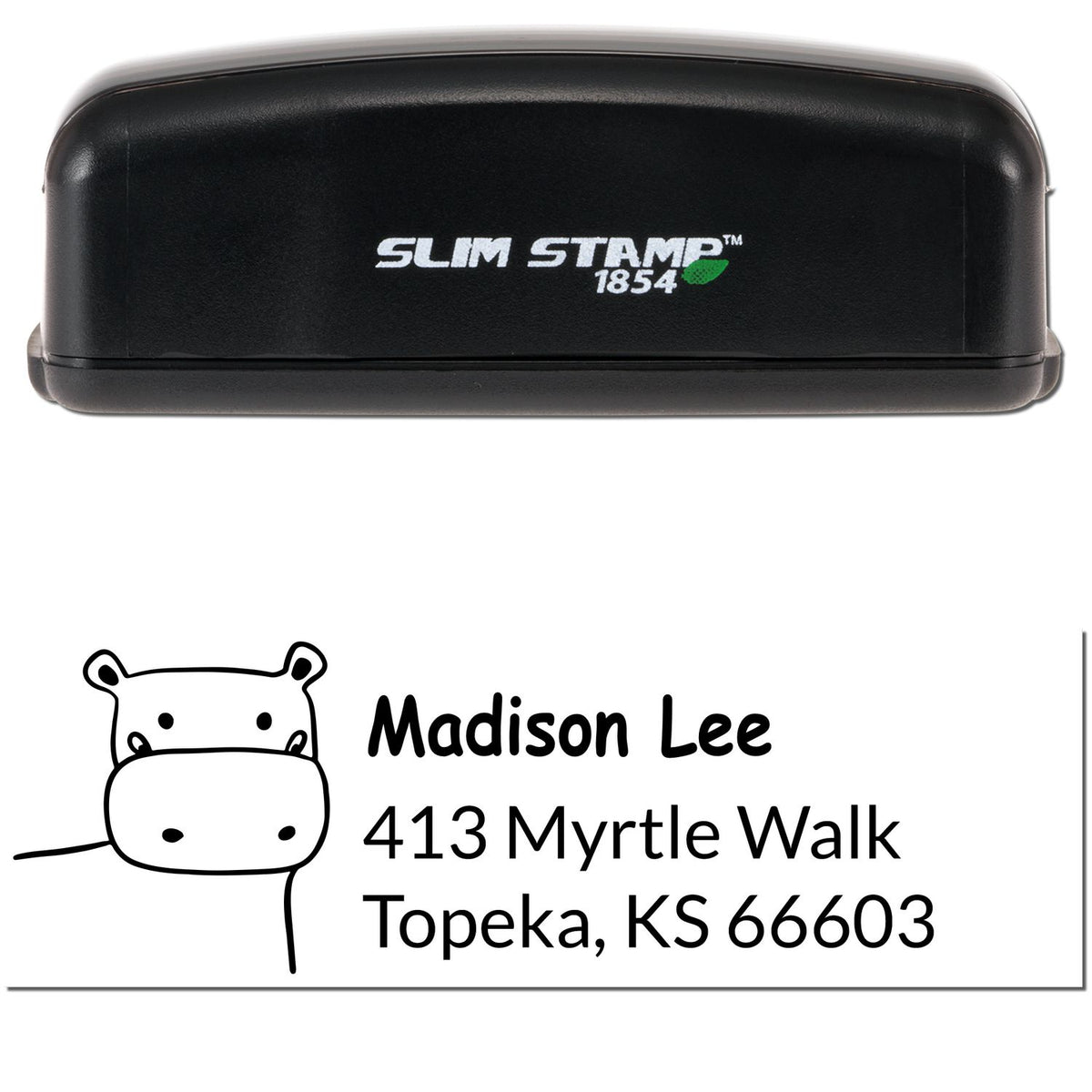 Image of a black Slim Pre-Inked Happy Hippo Customized Address Stamp. The stamp displays a customizable return mail stamper design with a cartoon hippo, the name "Madison Lee," and an address: "413 Myrtle Walk, Topeka, KS 66603."