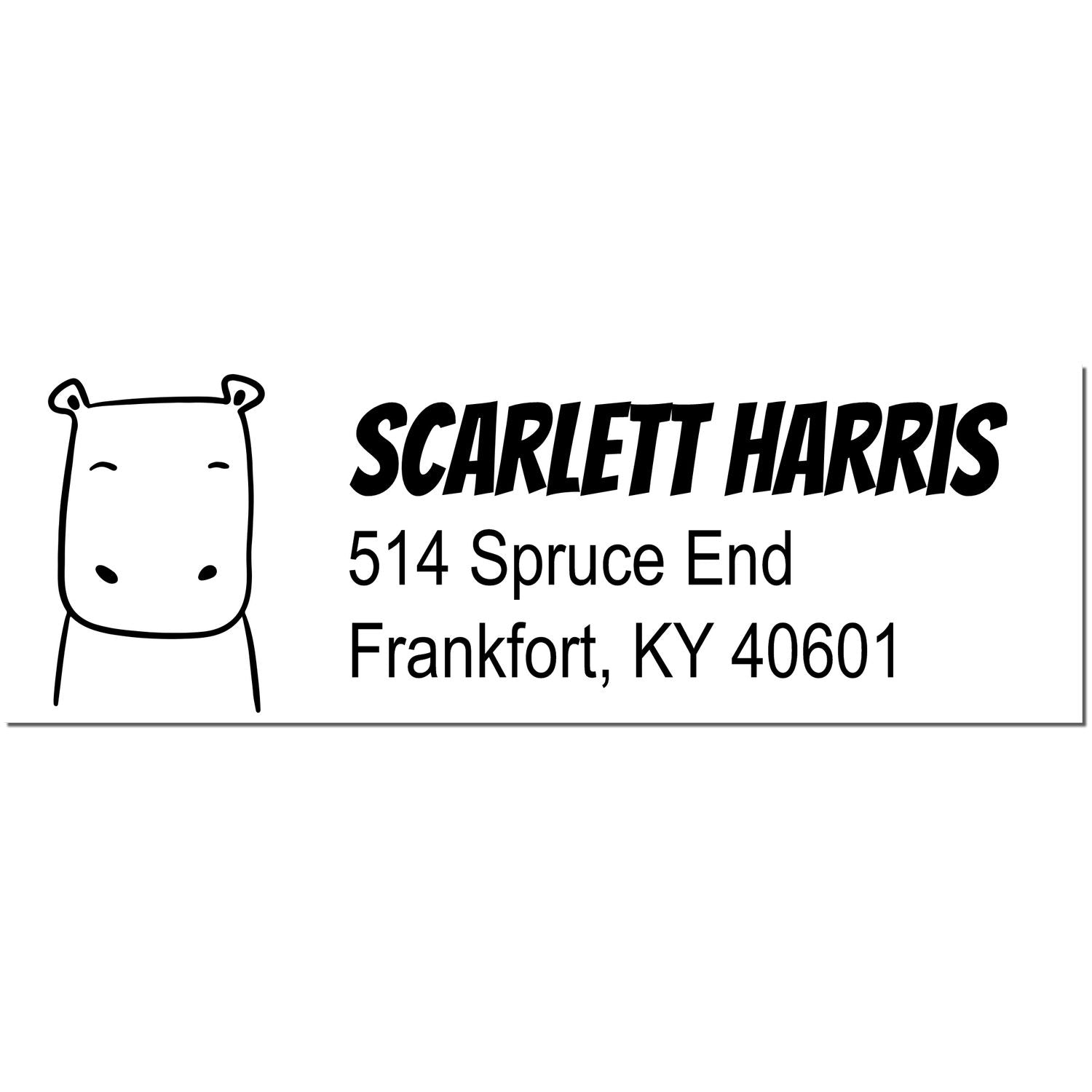 Hopeful Hippo Customizable Mailing Address Self-Inking Stamp featuring a hippo illustration. Personalized Return Mail Stamper with the name "Scarlett Harris" and address "514 Spruce End, Frankfort, KY 40601" in bold, black text on a white background.