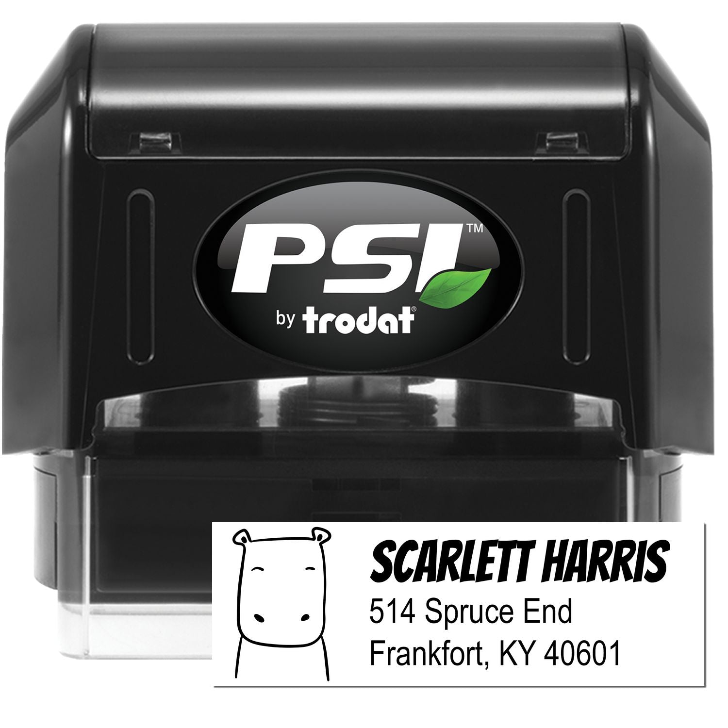 Image of a PSI Hopeful Hippo Handmade Home Address For Envelopes Pre-Inked Stamp. The stamp features a personalized mailing stamp design with a hippo illustration and the name "Scarlett Harris" with an address in Frankfort, KY.