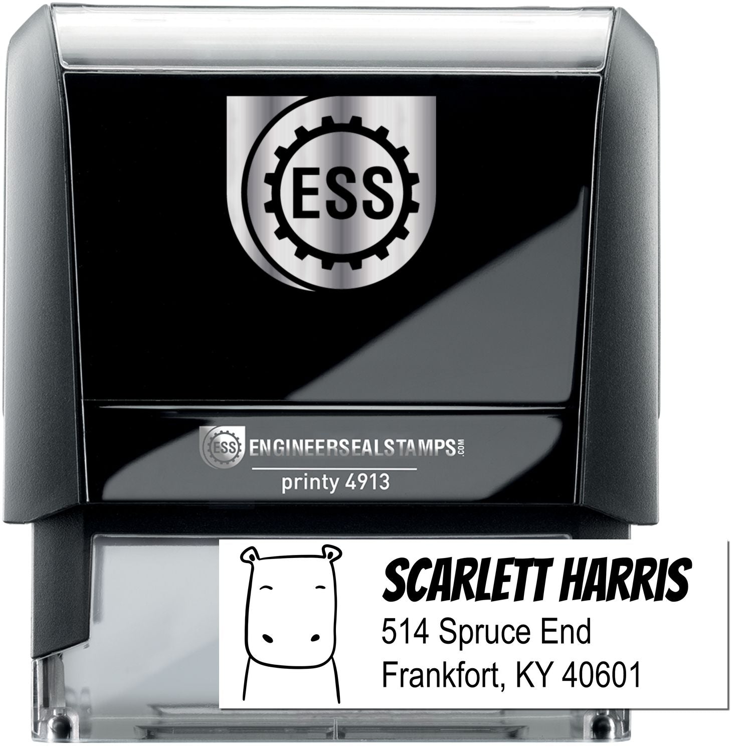 Hopeful Hippo Customizable Mailing Address Self-Inking Stamp with "Scarlett Harris, 514 Spruce End, Frankfort, KY 40601" displayed. The custom stamp features a hippo graphic and is designed for easy, repeatable use.