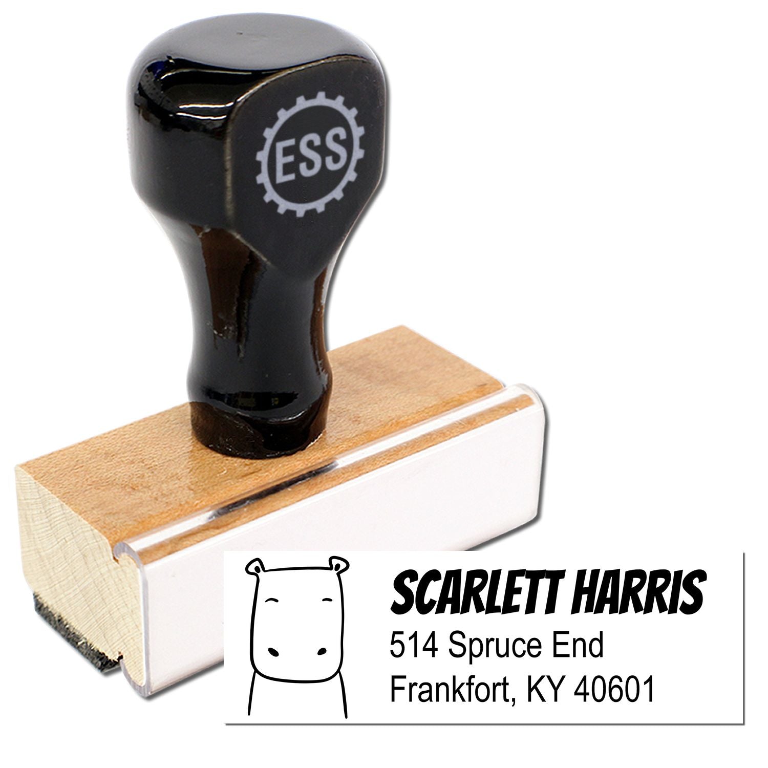 Wood Handle Hopeful Hippo Custom Mail Rubber Stamp with a black top and wooden base. Personalized Mailing Stamp design includes a hippo illustration and the name "Scarlett Harris" with an address in Frankfort, KY.