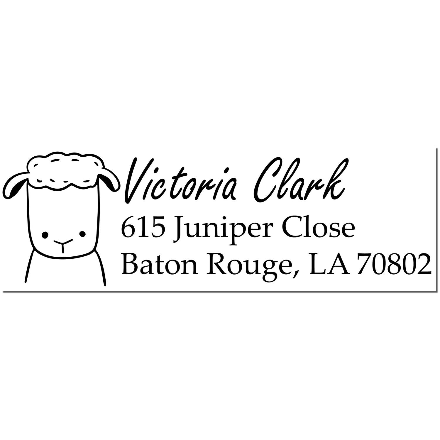PSI Fluffy Sheep Handmade Address Label Pre-Inked Stamp featuring a cute sheep illustration. Personalizable Mailing Stamp with "Victoria Clark, 615 Juniper Close, Baton Rouge, LA 70802" in elegant script.