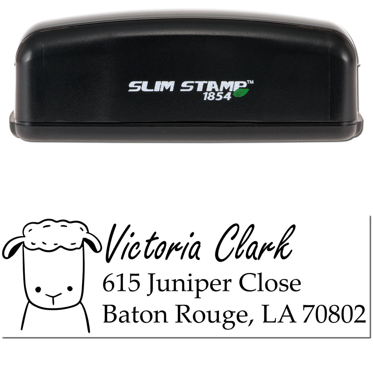Slim Pre-Inked Fluffy Sheep Customized Name and Address Stamp featuring a cute sheep design and personalized details for Victoria Clark, 615 Juniper Close, Baton Rouge, LA 70802. Ideal as a custom mailing stamp for efficient and stylish correspondence.