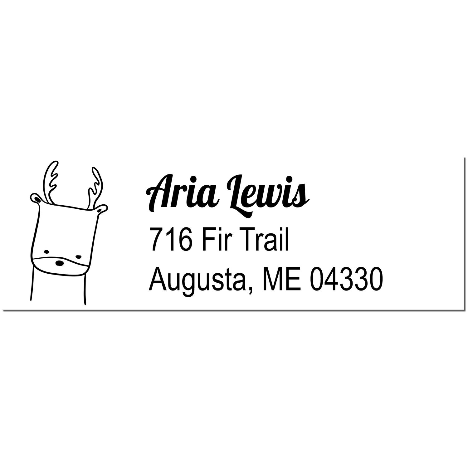 Wood Handle Darling Deer Custom Address Return Rubber Stamp featuring a cute deer illustration and the text 'Aria Lewis, 716 Fir Trail, Augusta, ME 04330'. This Customized Address Stamp adds a personal touch to mail.