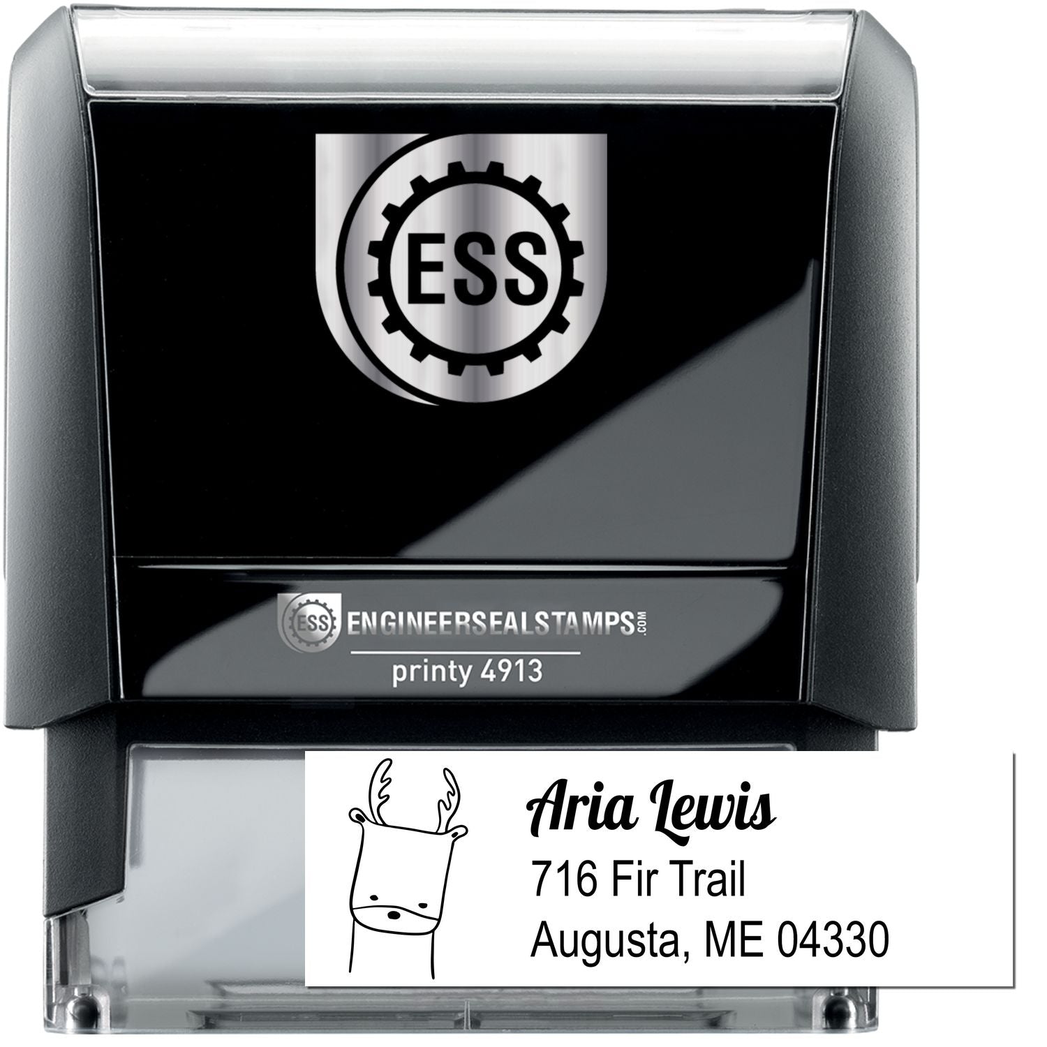 Darling Deer Customizable New Address Self-Inking Stamp featuring a cute deer design. Personalized Mailing Stamp with the name Aria Lewis and address 716 Fir Trail, Augusta, ME 04330. Black self-inking stamp with ESS logo.
