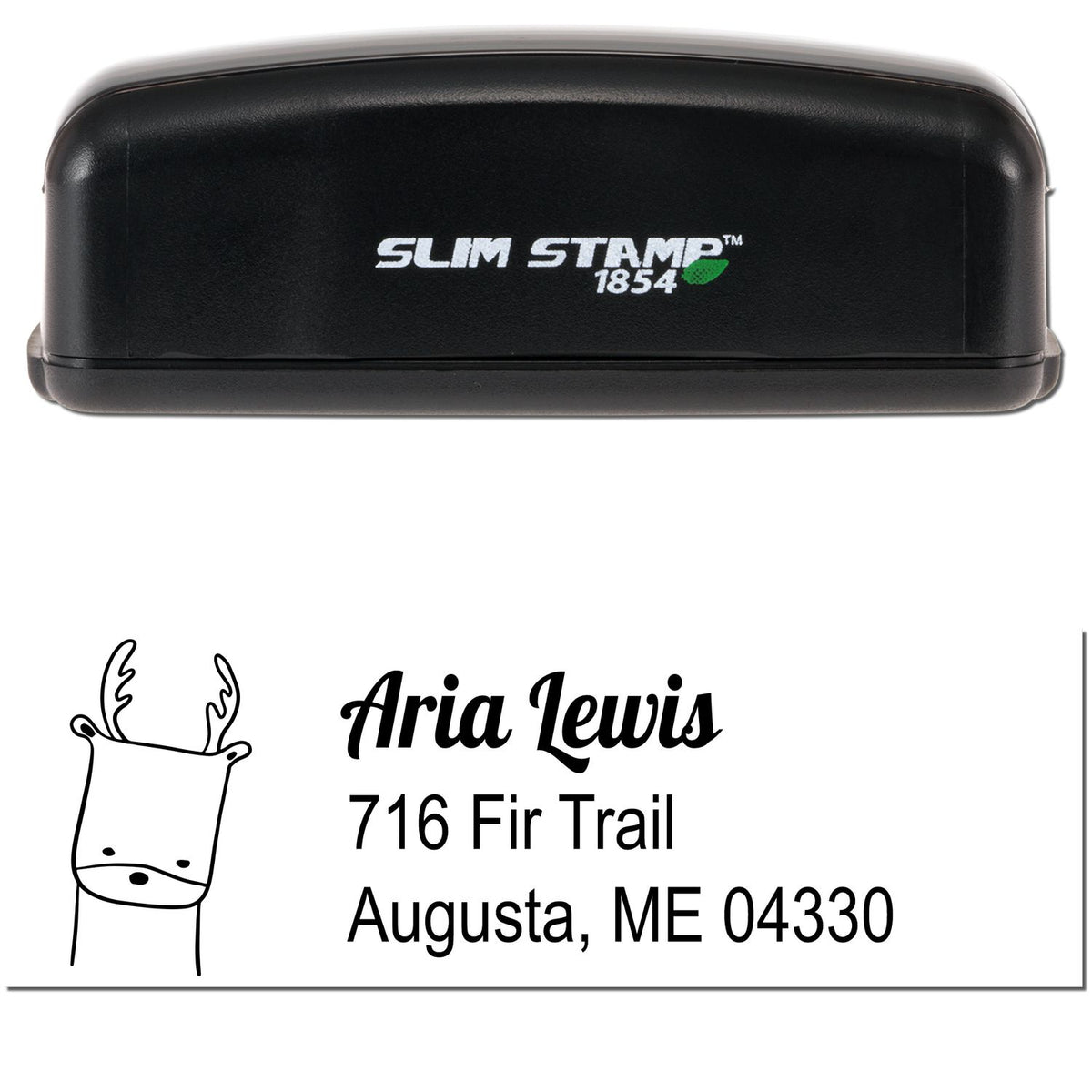 Image of a black Slim Pre-Inked Darling Deer Customized Mailing Stamp. The custom mailing stamper features a cute deer illustration and personalized text with the name "Aria Lewis" and an address. The stamp is compact and sleek in design.