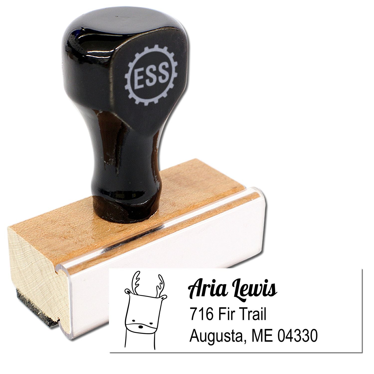 Wood Handle Darling Deer Custom Address Return Rubber Stamp with a black top and wooden base. The stamp features a custom-made address stamper design with a deer illustration and the name "Aria Lewis" with an address in Augusta, ME.