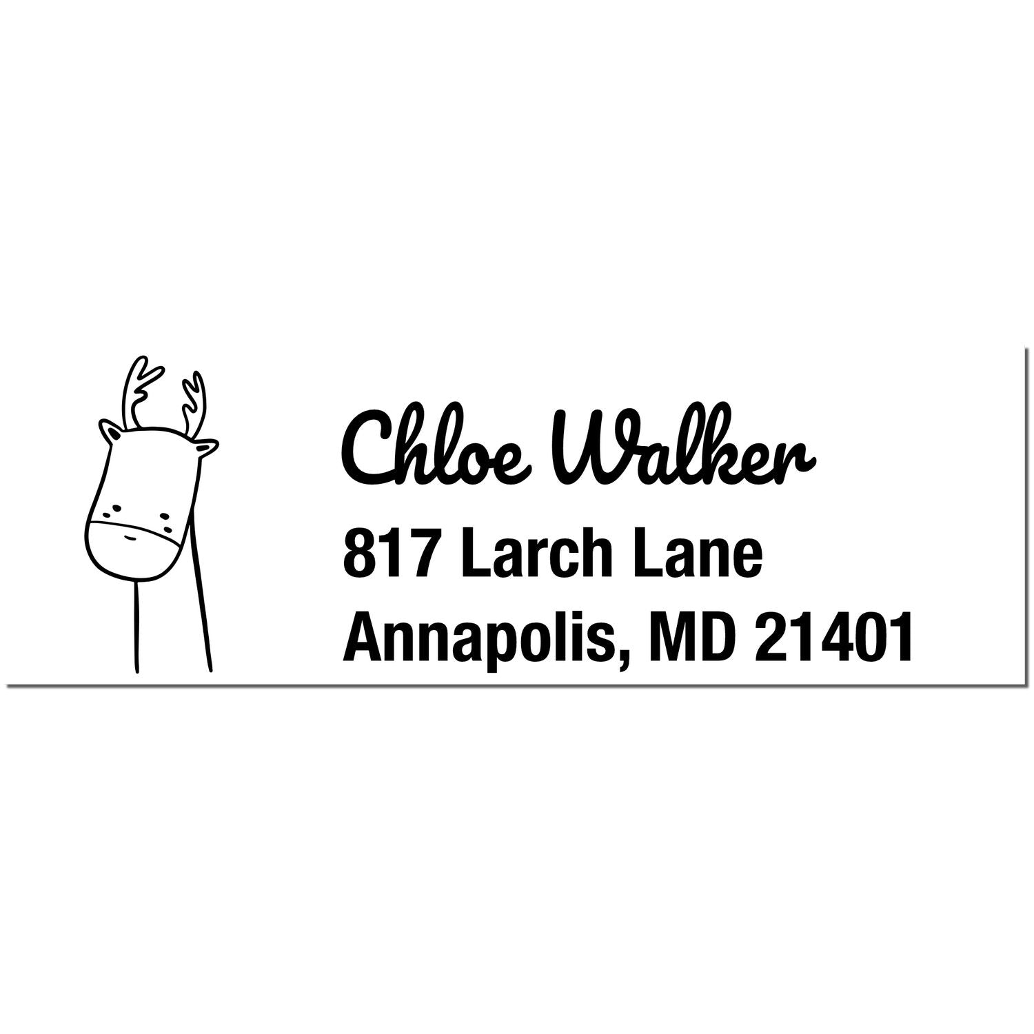 Image of a customizable mailing stamp featuring a wood handle regal reindeer design. The rubber stamp displays a sample address: Chloe Walker, 817 Larch Lane, Annapolis, MD 21401. Perfect for personalized mailing needs.