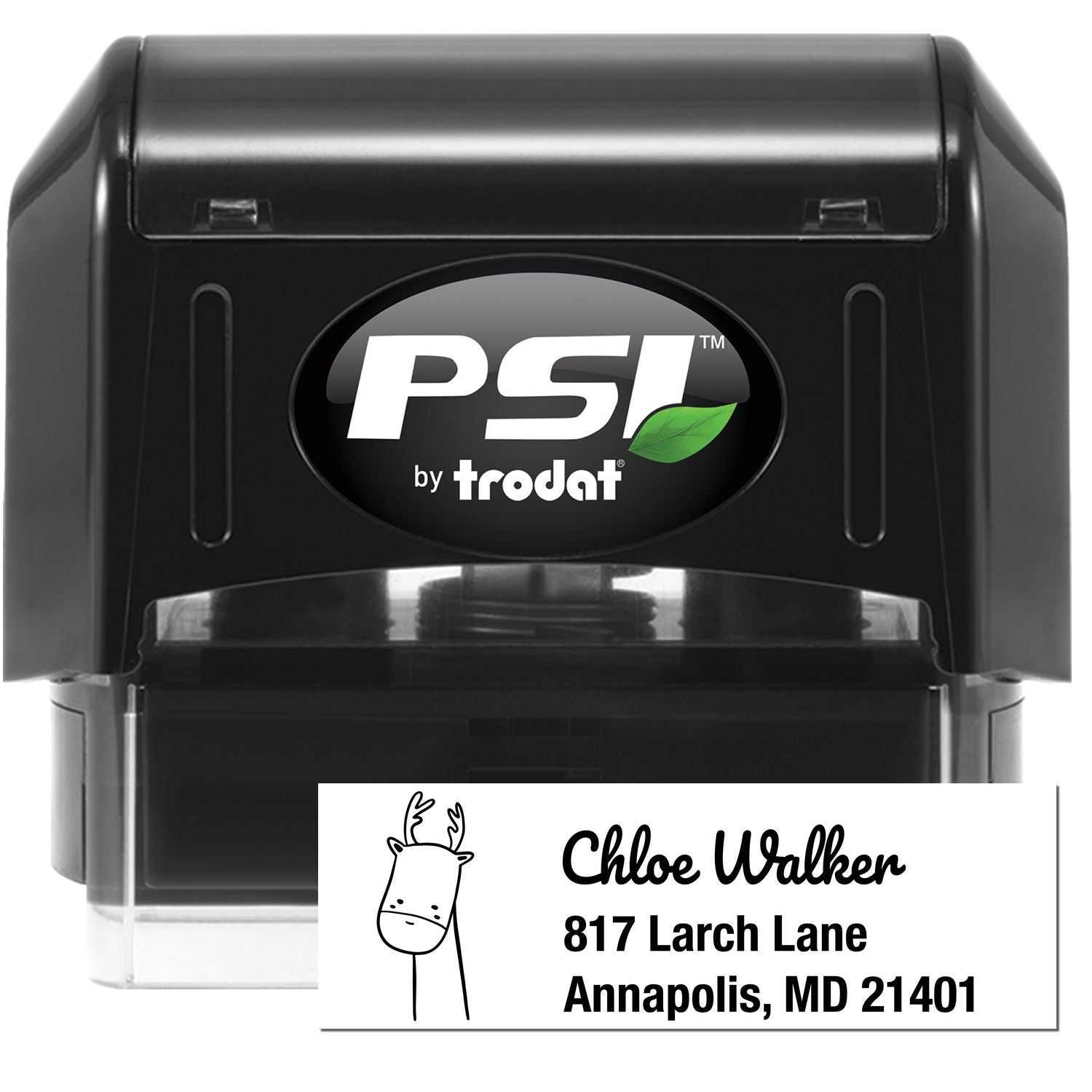 Image of a PSI Regal Reindeer Customize Return Address Pre-Inked Stamp. The Customized Mailing Stamper features a black casing with a reindeer graphic and personalized address details, ideal for efficient and stylish mail labeling.