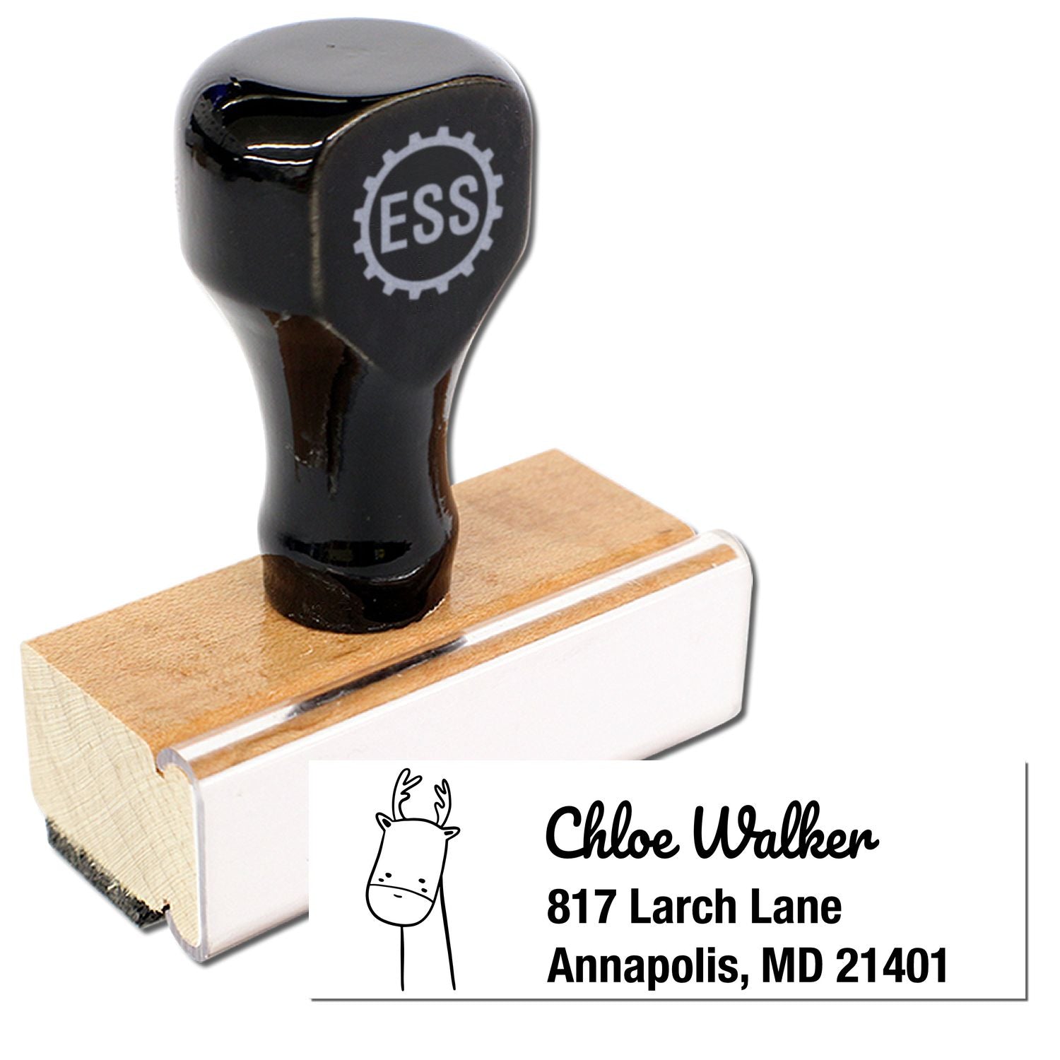 Wood Handle Regal Reindeer Custom Mailing Address Rubber Stamp with black top and wooden base. The Customized Mailing Stamper displays "Chloe Walker, 817 Larch Lane, Annapolis, MD 21401" with a reindeer graphic.