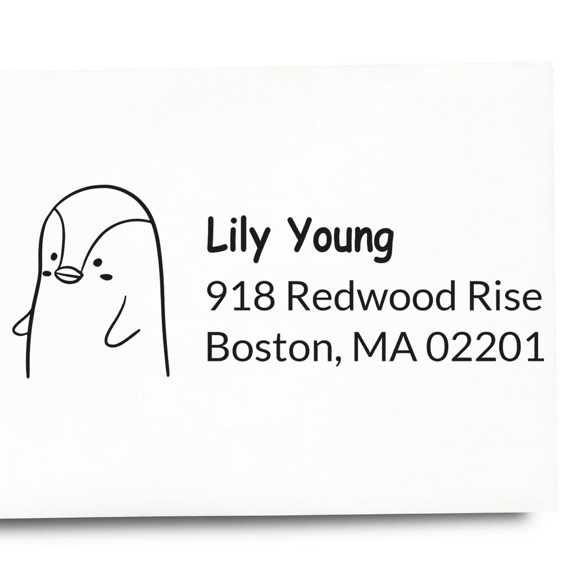 Slim Pre-Inked Perky Penguin Customized Home Address Stamp featuring a cute penguin design. The stamp displays "Lily Young, 918 Redwood Rise, Boston, MA 02201." Ideal as a personalizable new address stamp for adding a charming touch to mail.