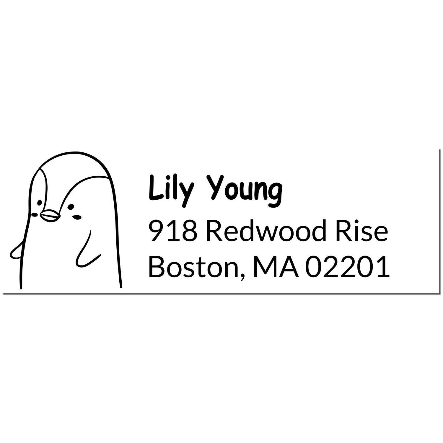 Slim Pre-Inked Perky Penguin Customized Home Address Stamp featuring a cute penguin illustration. Personalizable New Address Stamper with the name "Lily Young" and address "918 Redwood Rise, Boston, MA 02201" in black text.