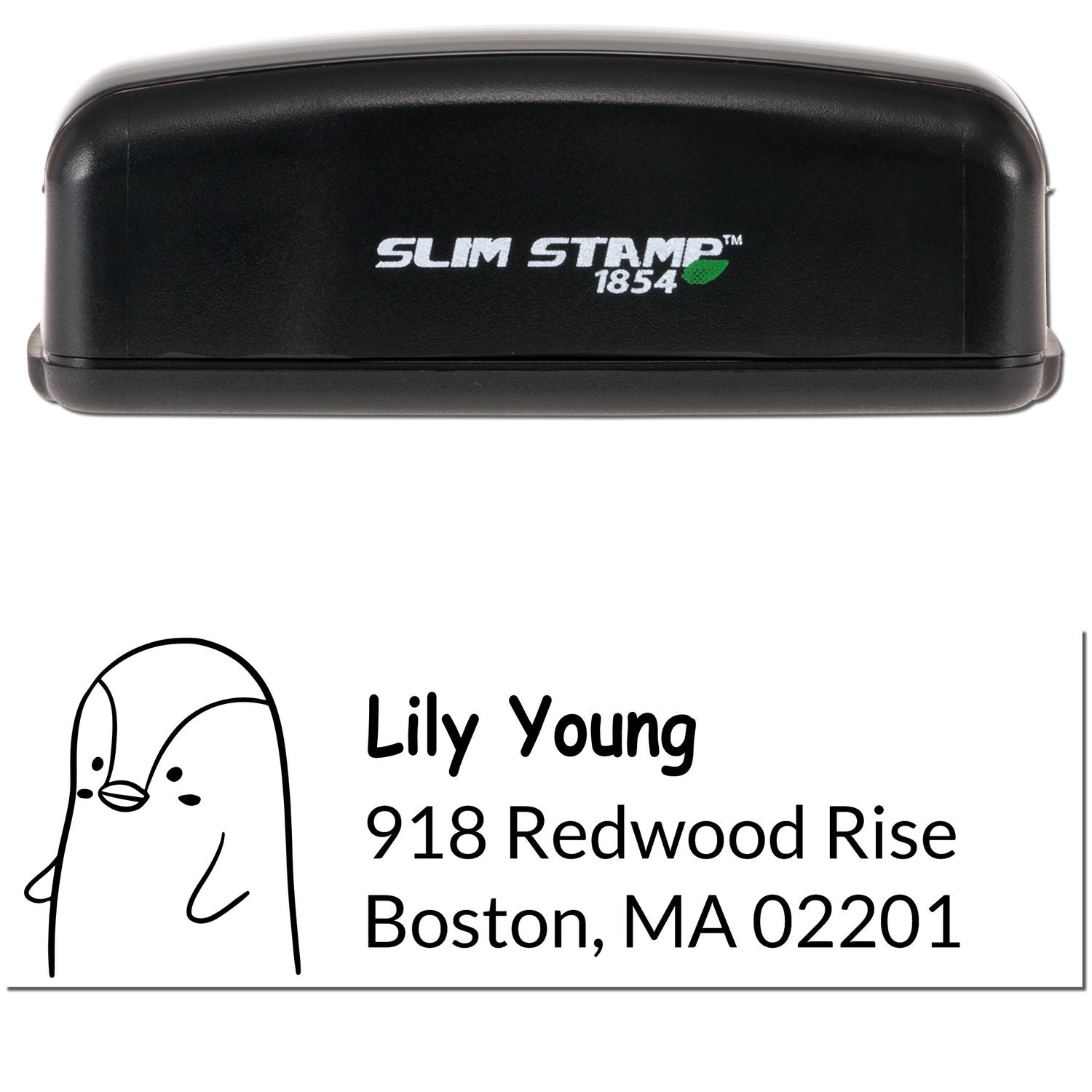 Slim Pre-Inked Perky Penguin Customized Home Address Stamp featuring a black case with "Slim Stamp 1854" text. Below, a customizable home stamp design shows a penguin illustration with the name "Lily Young" and an address in Boston, MA.