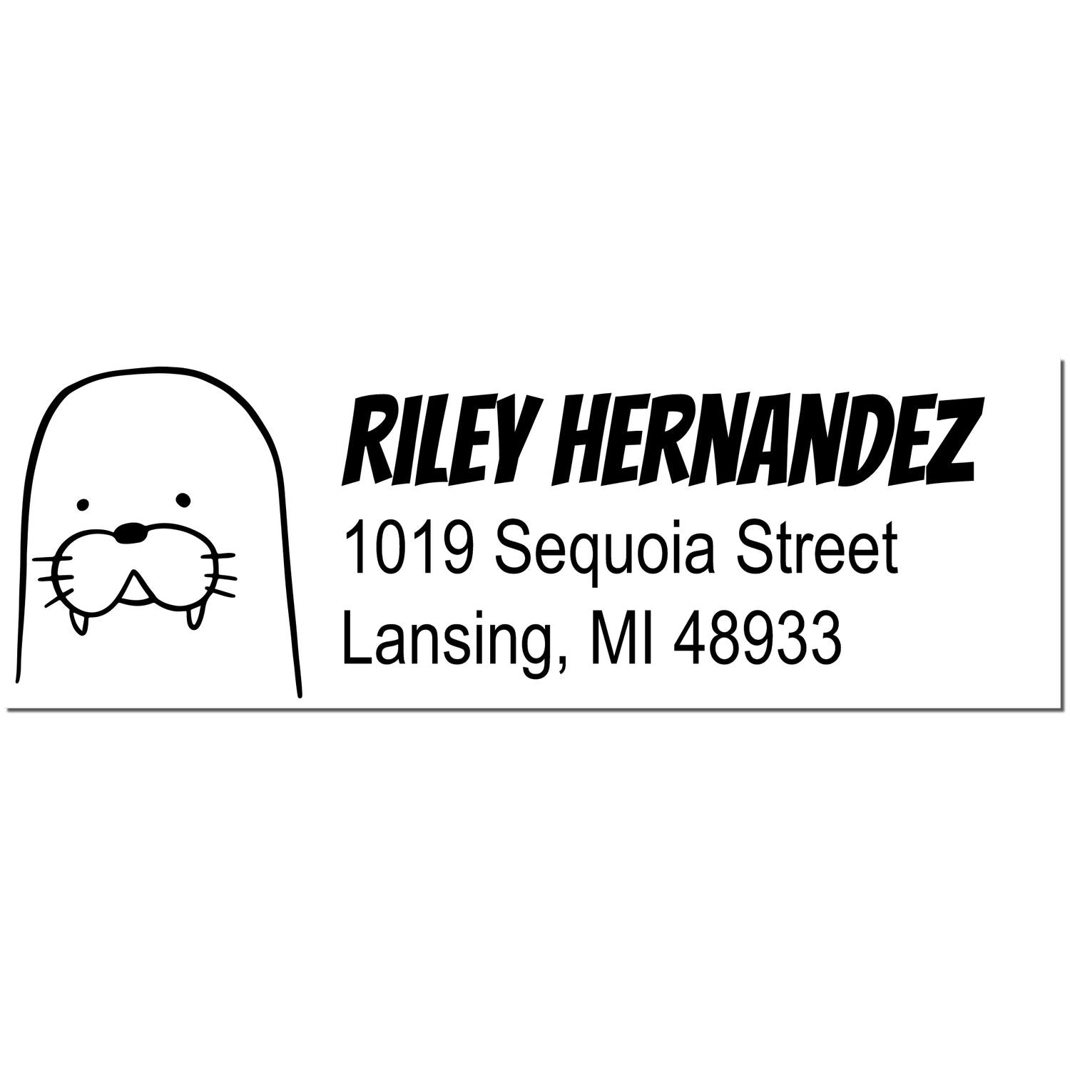 A PSI Wacky Walrus Customize Mailing Pre-Inked Stamp featuring a walrus illustration on the left. The text reads "Riley Hernandez, 1019 Sequoia Street, Lansing, MI 48933." Ideal as a personalized new address stamp.