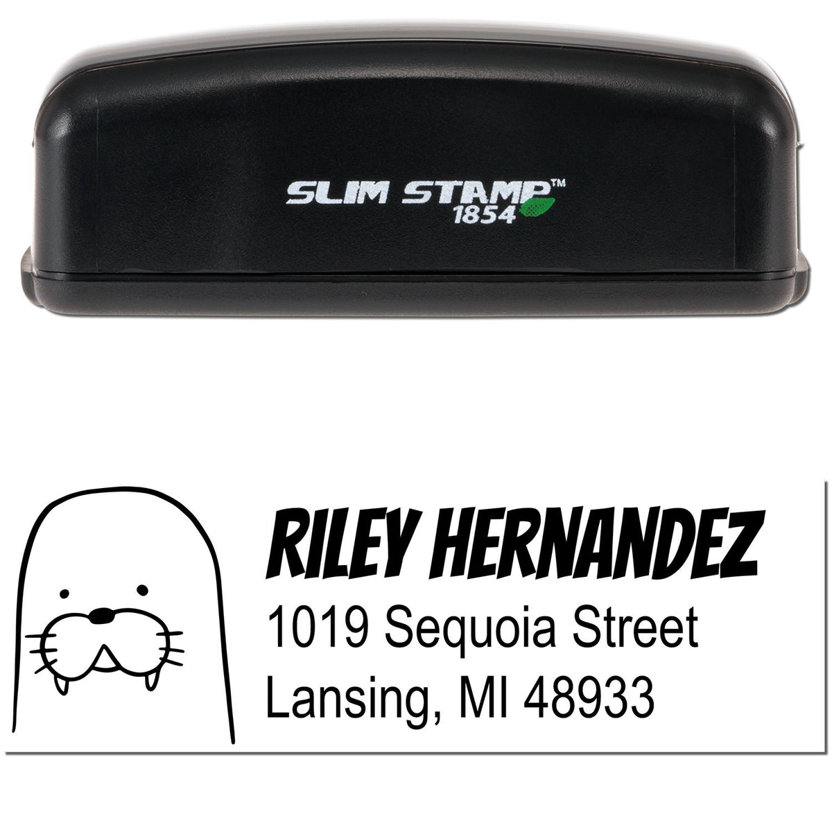 Image of a black Slim Pre-Inked Wacky Walrus Customized Address Return Stamp. The Custom-Made Address Stamper displays "Riley Hernandez, 1019 Sequoia Street, Lansing, MI 48933" with a simple walrus graphic.