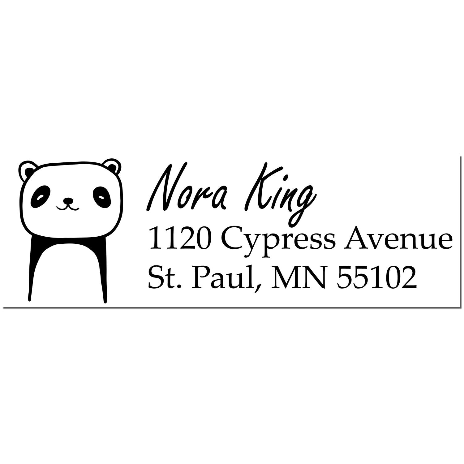 Playful Panda Personalized Return Address Self-Inking Stamp featuring a cute panda illustration. Custom New Address Stamper with the name "Nora King" and address "1120 Cypress Avenue, St. Paul, MN 55102" in elegant font.