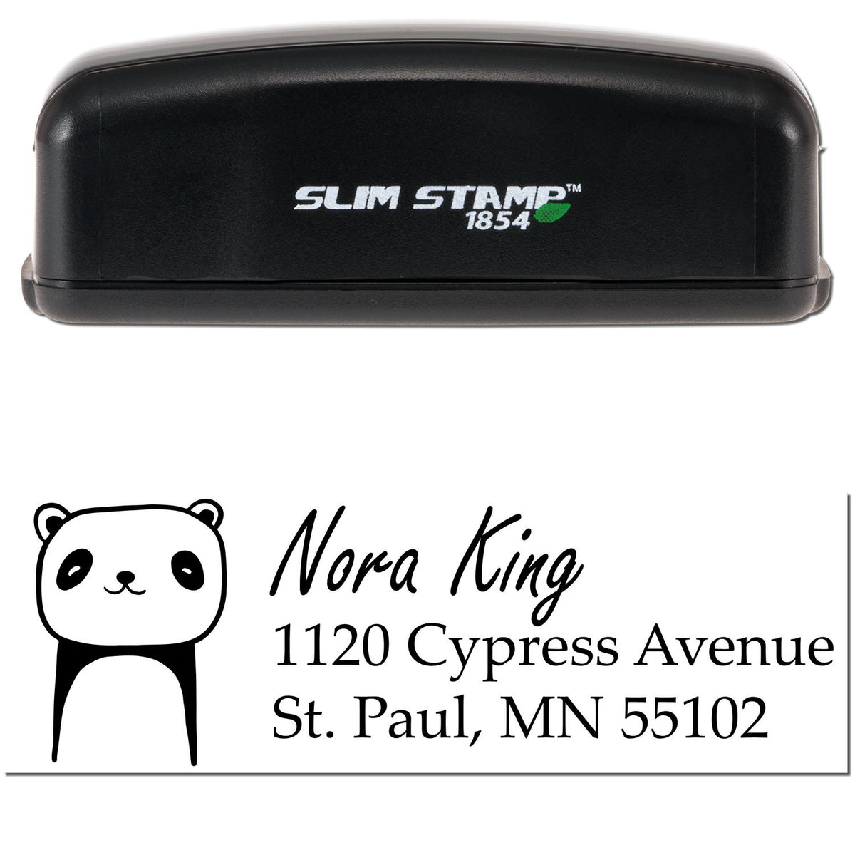 Image of a Slim Pre-Inked Playful Panda Customized Mailing Address Stamp. The stamp features a cute panda design and customizable new address details, shown with the name Nora King and an address in St. Paul, MN.