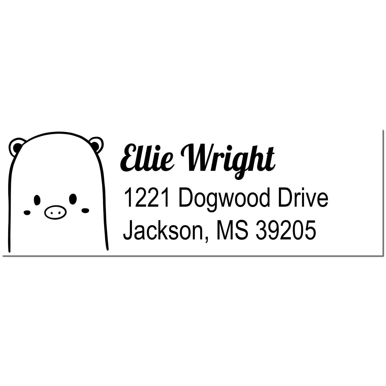 Wood Handle Beautiful Bear Custom Address Label Rubber Stamp featuring a cute bear illustration and personalized text. The Personalized Home Stamper displays "Ellie Wright, 1221 Dogwood Drive, Jackson, MS 39205" in a stylish font.
